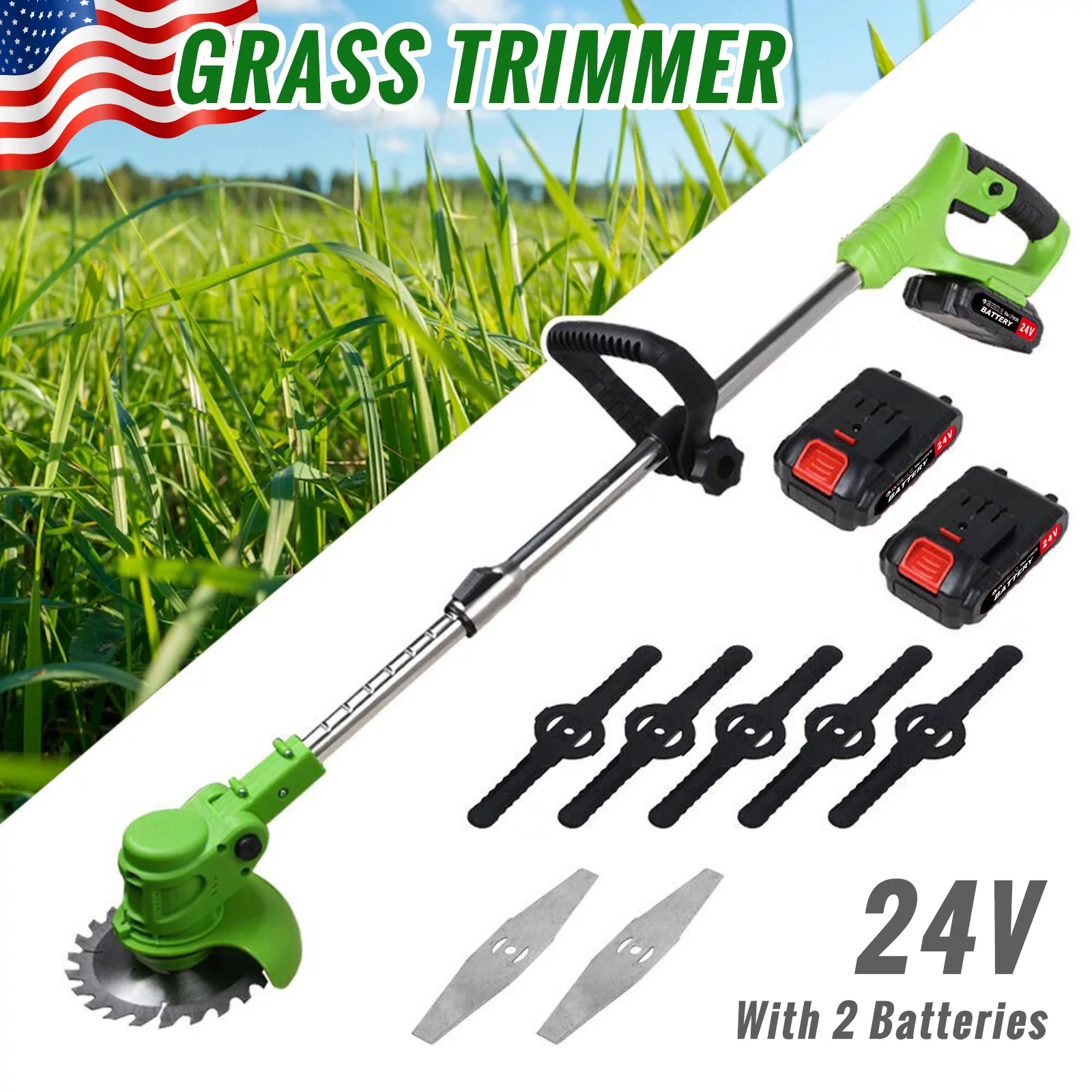 Electric Weed Water 650W, Battery 24V Weed Wacker Cordless for Lawn and Garden, Battery Operated Grass Trimmer for Yard, Green