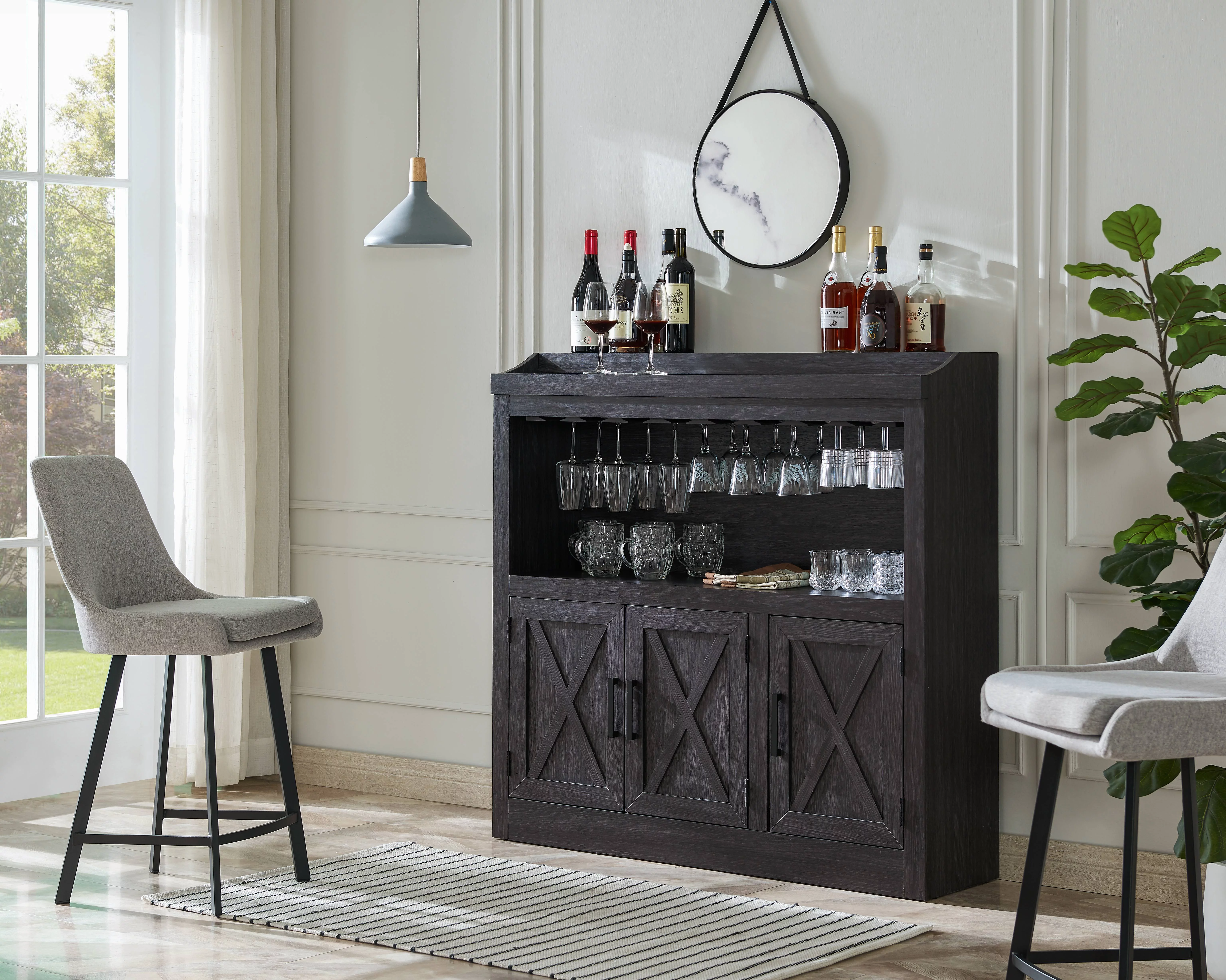 Gramercy Bar Cabinet with Stem Glass Placement and Wooden Doors in Charcoal Finish