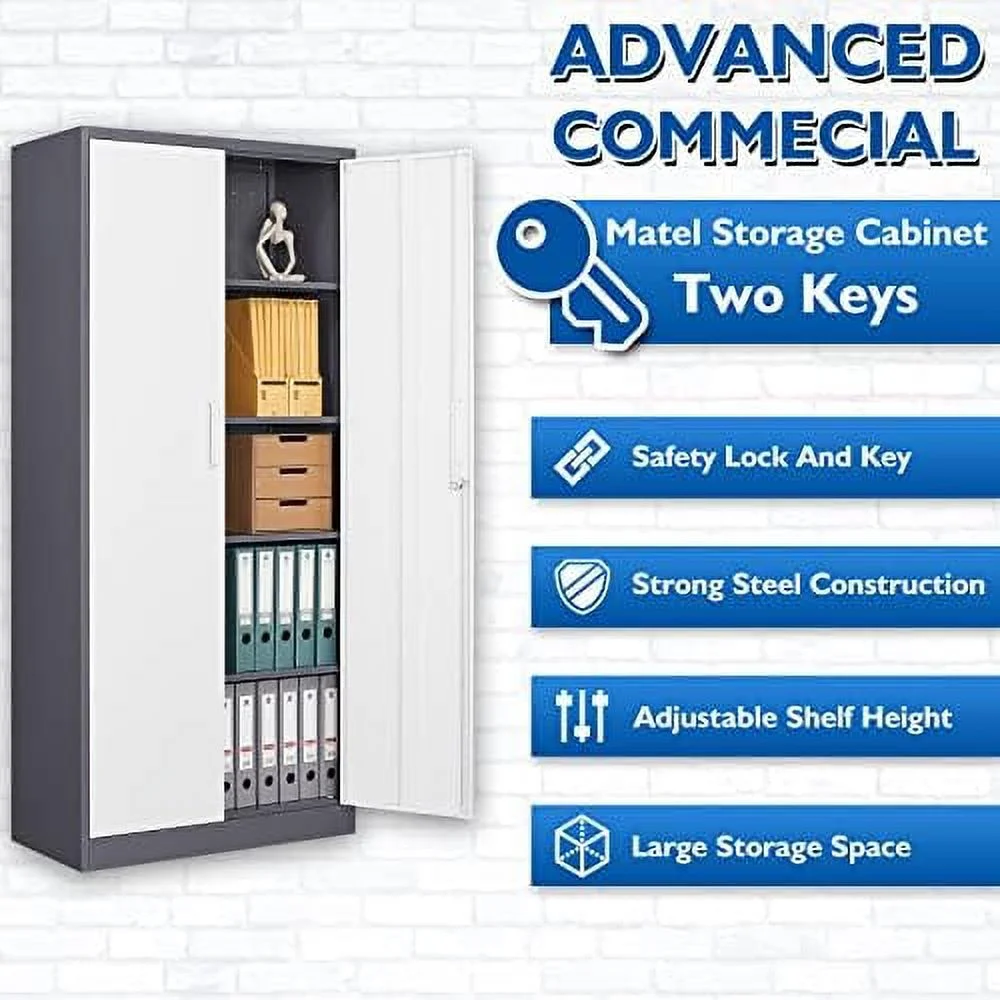 ZWNLKQG Metal Locking  Cabinet with 4 Doors and 2 Adjustable Shelves  71" Tall Steel Garage  Cabinets for Home Office  Garage  Living Room  Pantry  Tool Organizer(Gray White)