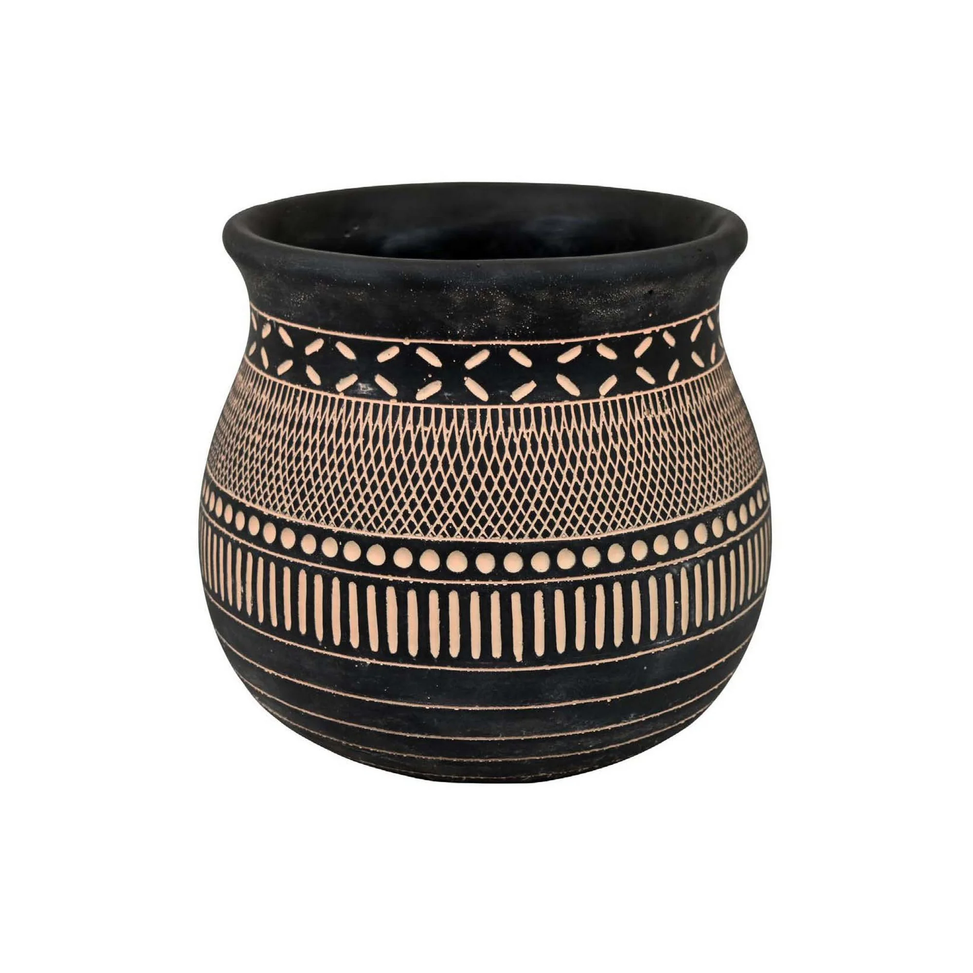 12 Inch Planter, Resin, Large Pot Shape, Tribal Design, Black and Beige