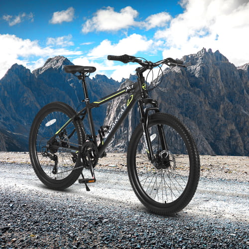 24 Inch Mountain Bike Boys Girls, Steel Frame, Shimano 21 Speed Mountain Bicycle with Daul Disc Brakes and Front Suspension MTB