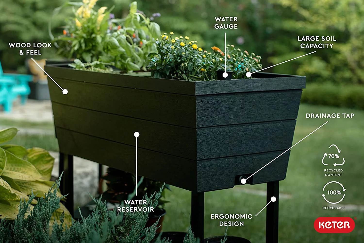 Urban Bloomer 12.7 Gallon Raised Garden Bed With Self Watering Planter Box And Drainage Plug, Dark Grey