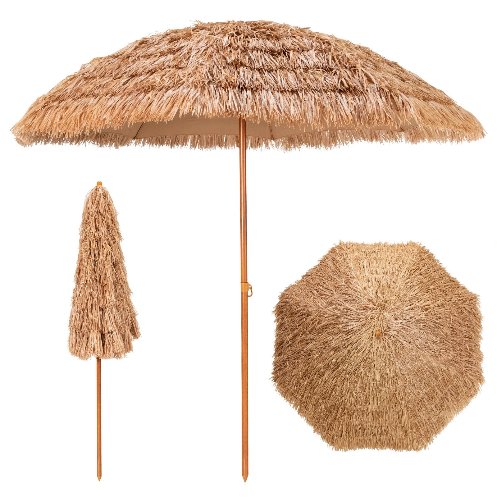 8-feet Thatched Hawaiian Style Tiki Umbrella For Outdoor Sand Beach Patio Pool Sun Shade