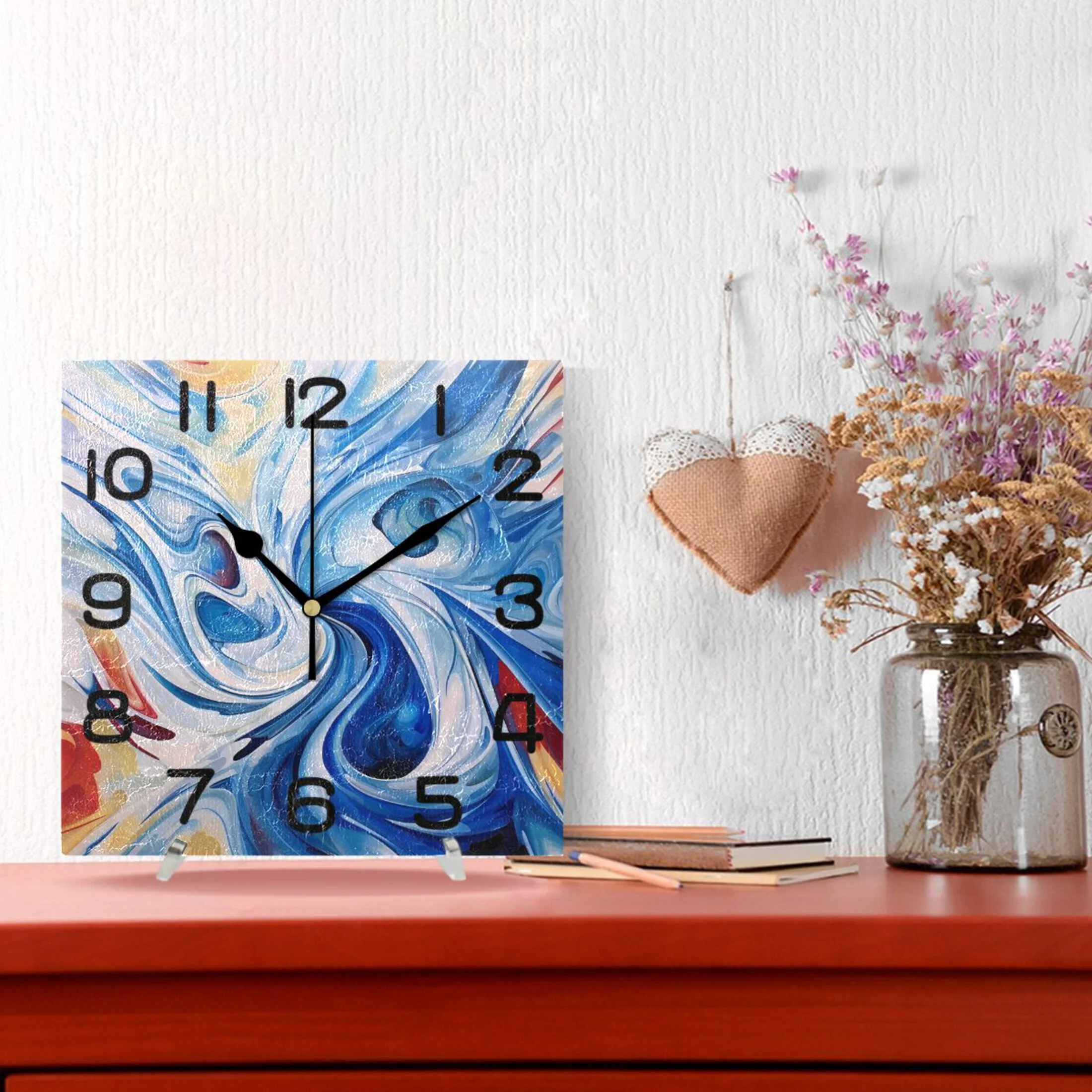 Blue with Liquid Wall Clock Square Silent Non-Ticking Battery Operated Retro 7.78