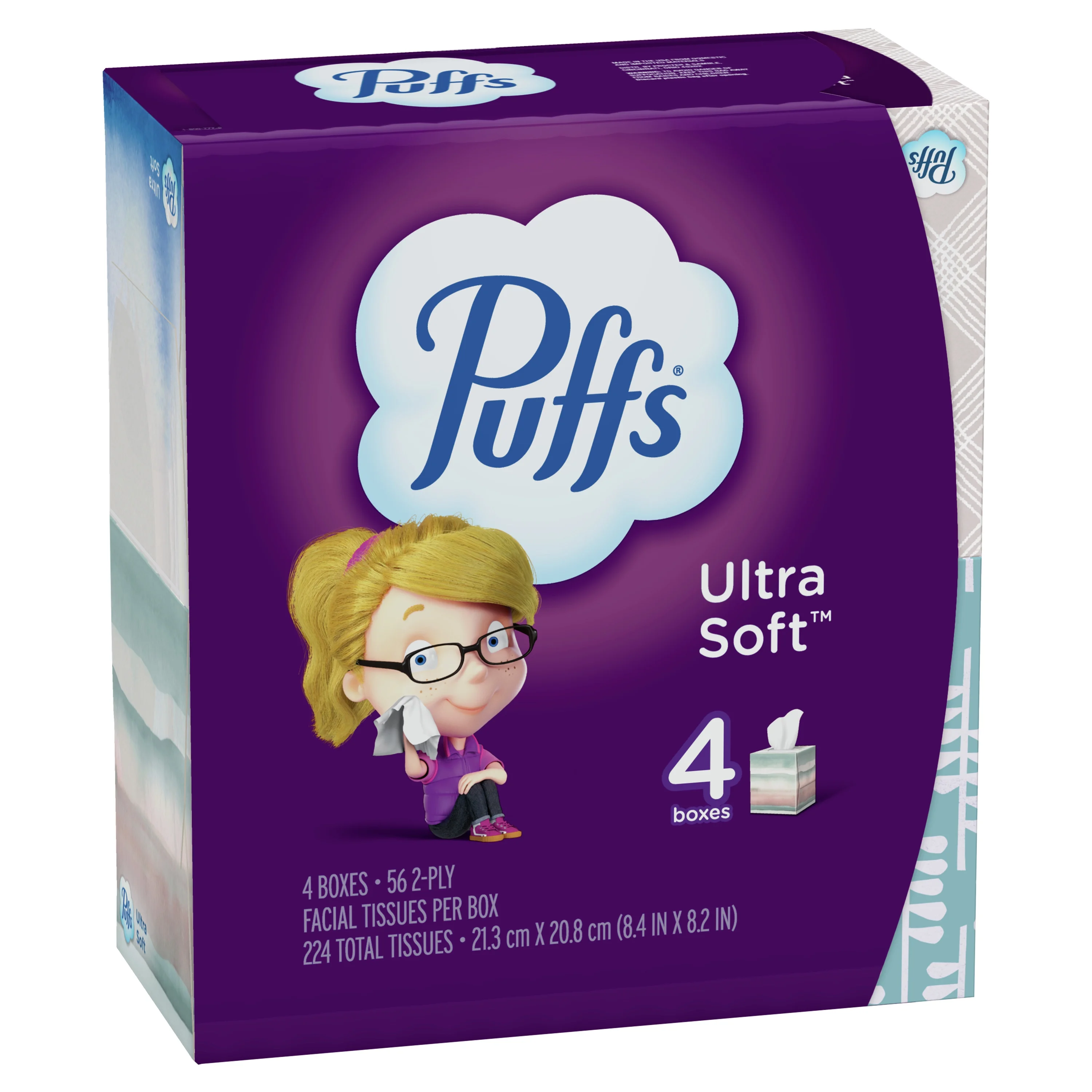 Puffs Ultra Soft Facial Tissues, Cube, 56 Facial Tissues Per Box, 4 Count