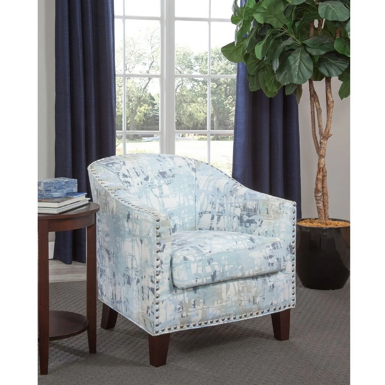 Ivy Giles Accent Chair with Nailhead Trim Mysterious Slate Wood, Foam Abstract Pattern Nailheads, Removable Cushions Transitional, Modern &