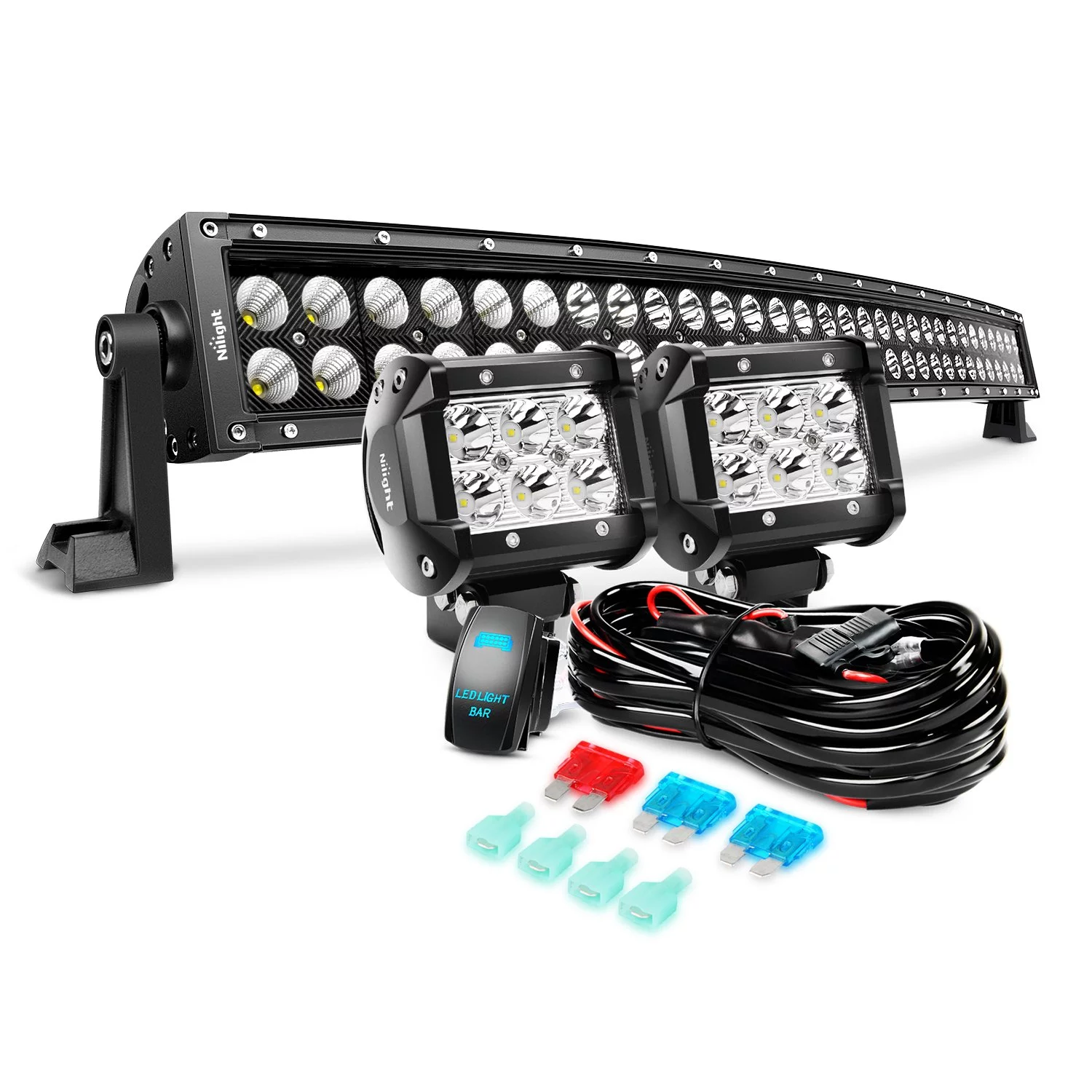 Nilight 32 Inch 180W Black Curved Work Light Spot Flood Combo LED Light Bar & 2PCS 4Inch 18W Spot LED Pods & Wiring Harness Kit for Rv Atv SUV Boat Jeep Lamp Off-road Lighting, 2 years Warranty