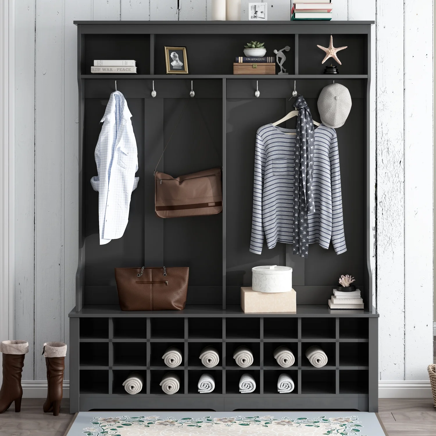 ON-TREND Modern Style Multiple Functions Hallway Coat Rack with Metal Hooks  Entryway Bench 60” Wide Hall Tree with Ample Storage Space and 24 Shoe Cubbies   Black (OLD SKU  WF286983AAB )