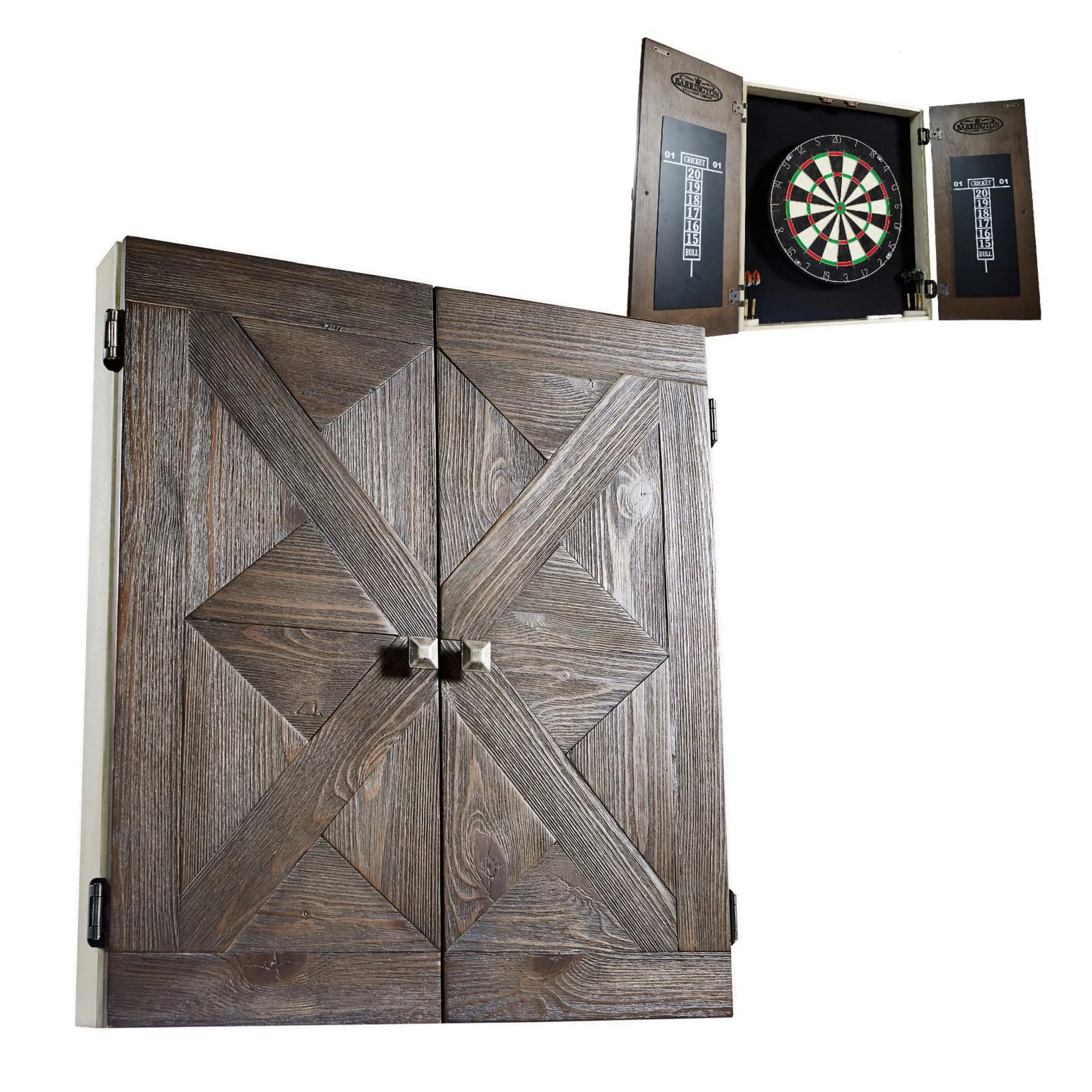 Barrington Billiards Bellevue Wood Dartboard Cabinet With 18” Bristle Dartboard and Steel Tip Dart Set