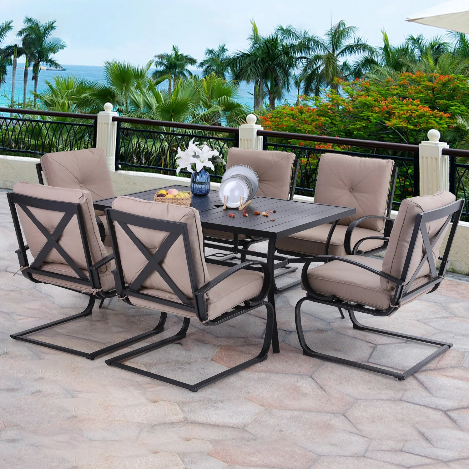 Sophia&William 7-Piece Outdoor Patio Dining Set C-Spring Padded Chairs and Table Conversation Set, Beige