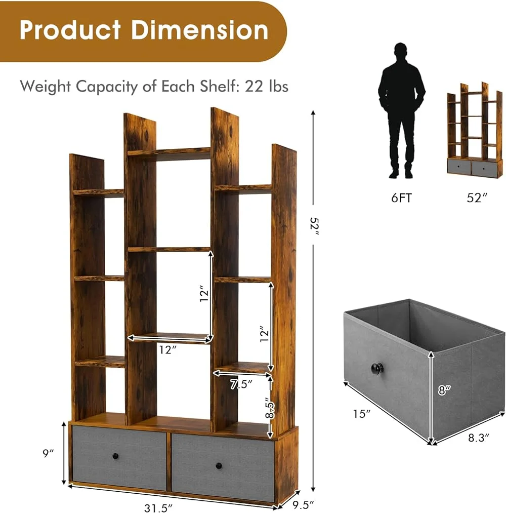 ZFGSUIJN 5-Cube Bookcase with 2 Drawers - Industrial Freestanding Open Display Shelving with Anti-toppling Device  7  Shelves  Wooden Tree Shaped Bookshelf  Room  Rustic Brown