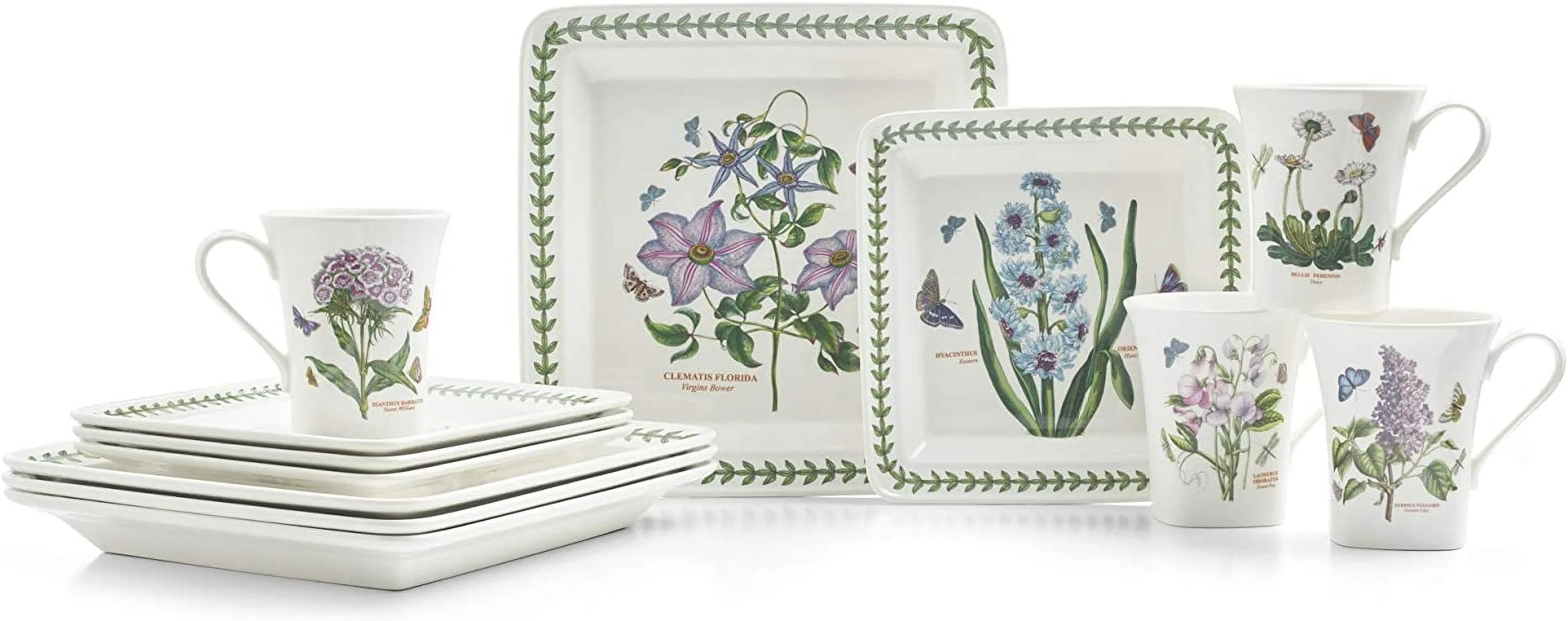 Botanic Garden 12 Piece Square Dinnerware Set | Fine Porcelain | Chip Resistant Glaze | Dishwasher, Microwave, Freezer And Oven Safe
