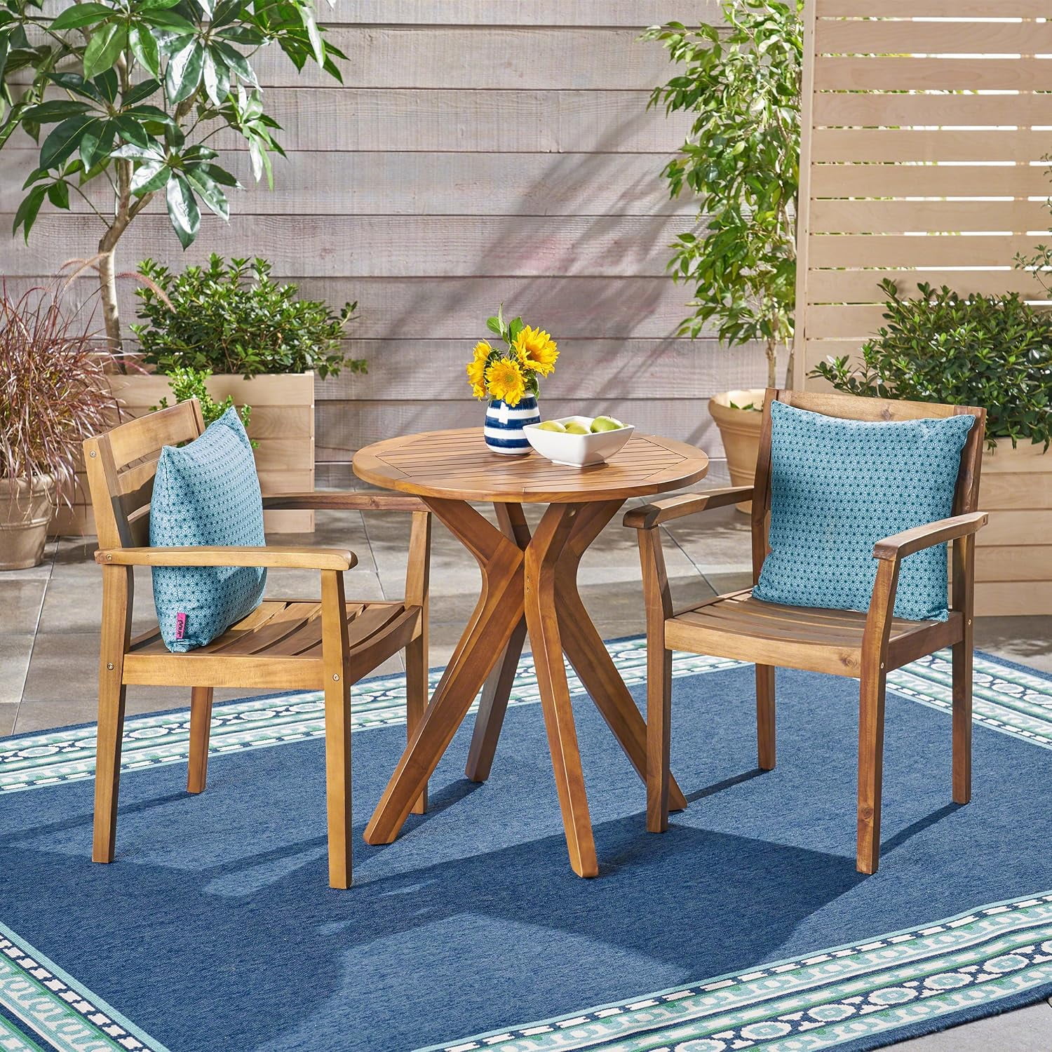 Addison Outdoor 3 Piece Acacia Wood Bistro Set, Teak Finish