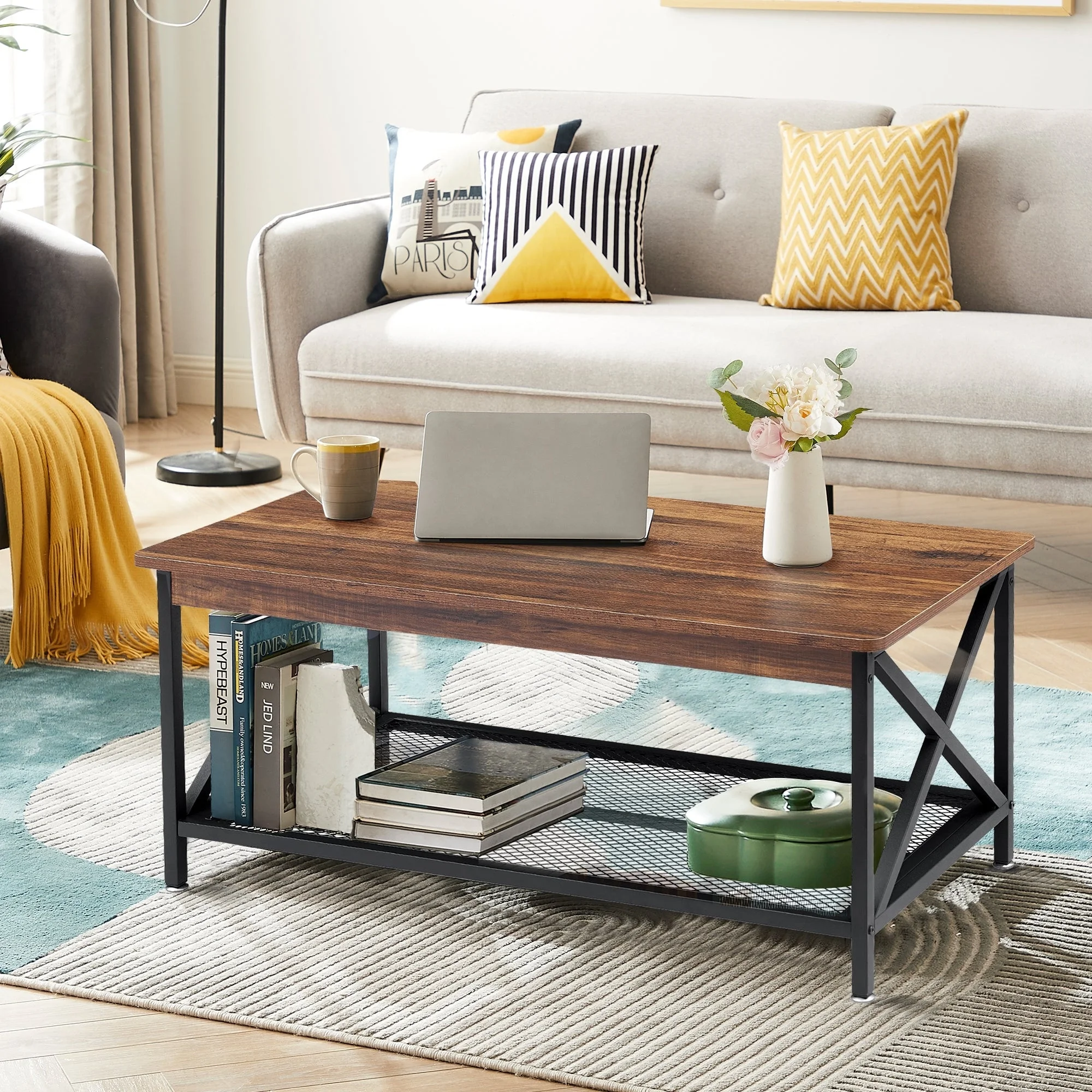 Industrial Coffee Table Set of 3, Rustic Brown Sofa Table and Nightstands Set of 2 Black