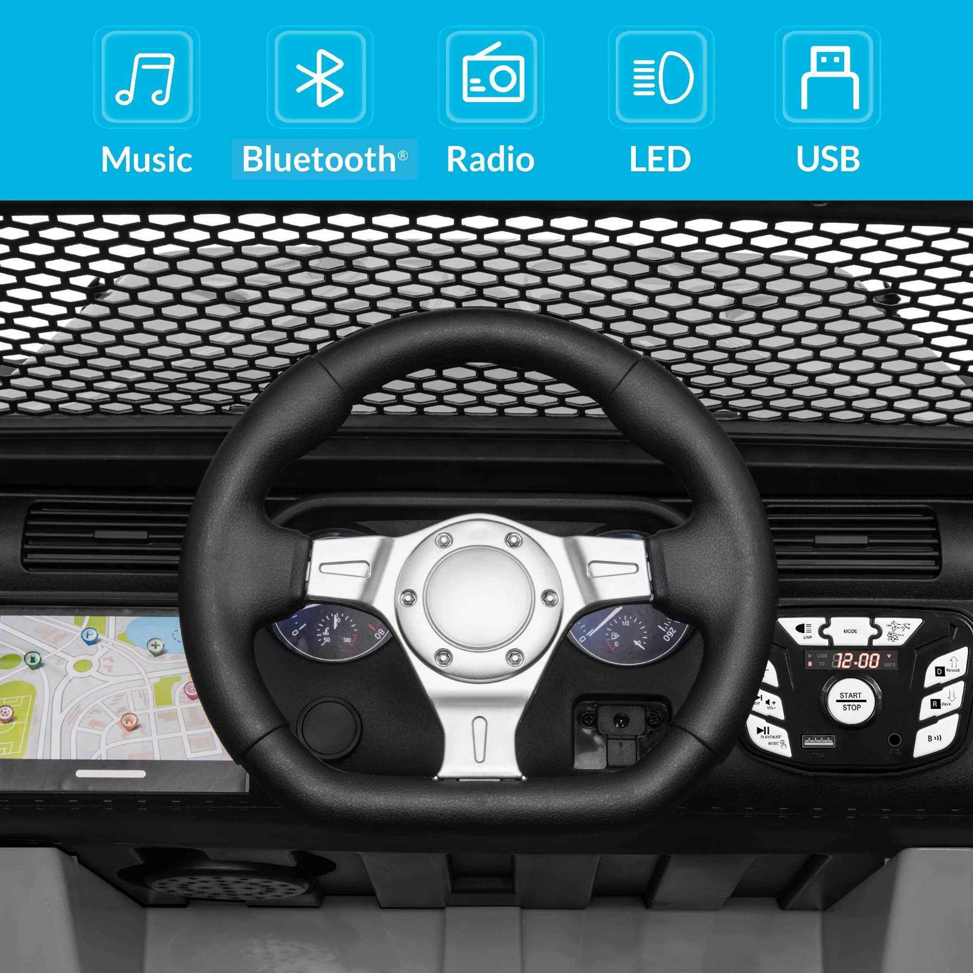 Kidzone Kids 12V 9AH Battery Powered Extra Wide Seat Ride On Truck with DIY License Plate, Off Road Big Wheels, Front Bumper, LED light, Remote Control, Bluetooth Music, 2 Speeds - Gray