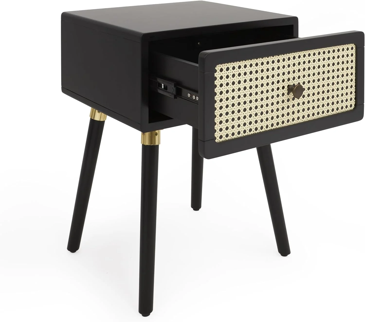 Bme Nipe Rattan Solid Wood Nightstand Fully Assembled Boho Accent End, Vintage Side Table with Large Storage Coastal Mid Century Modern Bedroom, Black, 1-Drawer