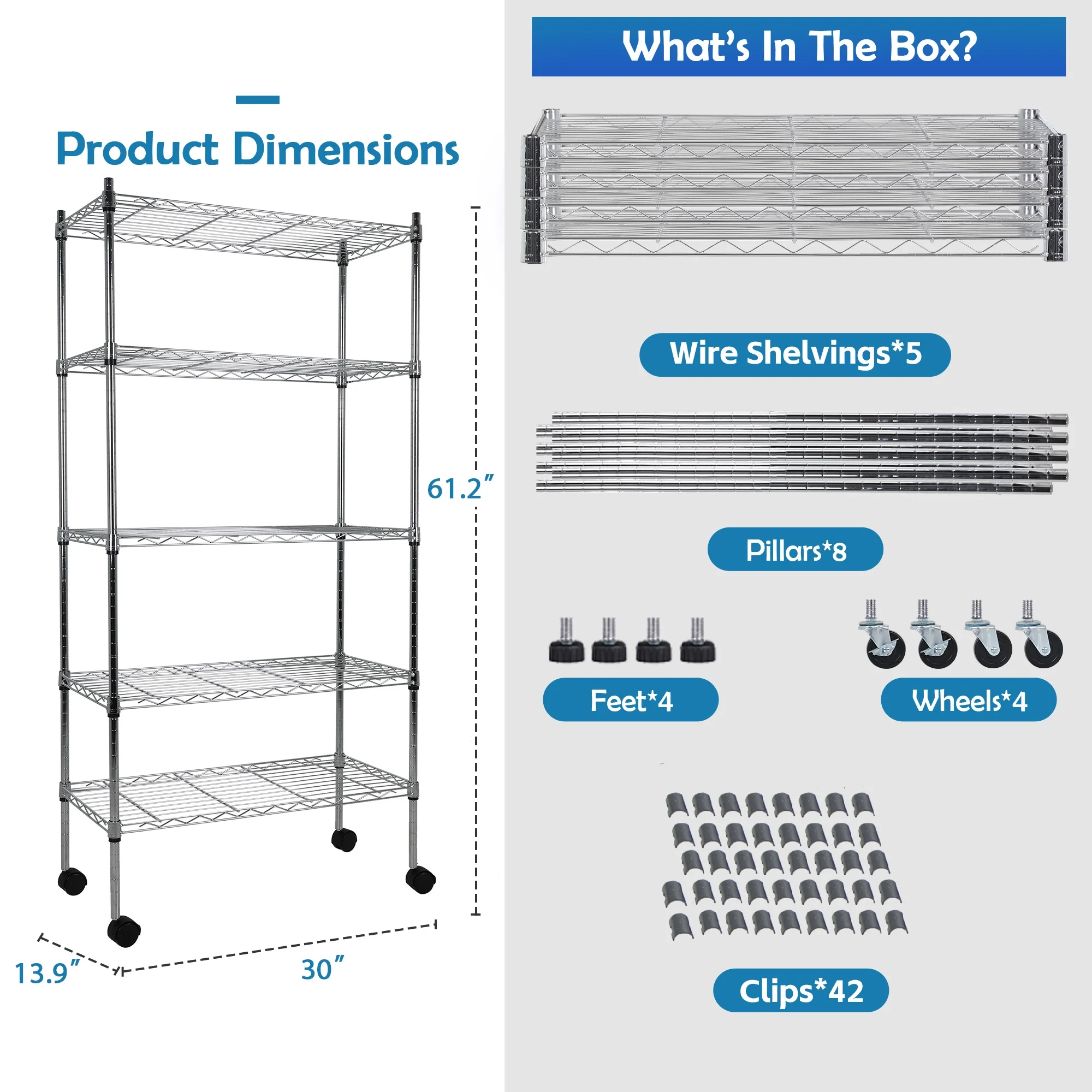 CL.HPAHKL Storage Shelves Adjustable 5 Tier NSF Metal Shelving Unit, Wire Rack Shelving 1250lbs Capacity Storage Racks and Shelving with Wheels for Closet Kitchen Pantry Garage Basement, Chrome