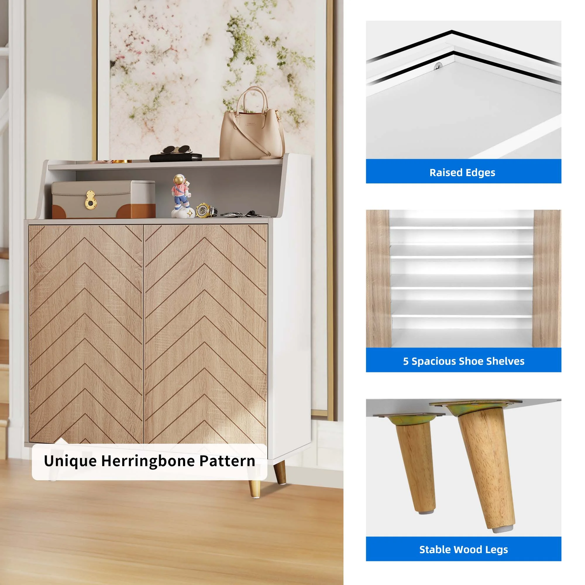 Dextrus 5-Tier Shoe Cabinet with Doors, Modern Shoe Storage Cabinet with Open Shelves, Free Standing Large Shoes Rack Organizer for Entryway/Hallway/Closet