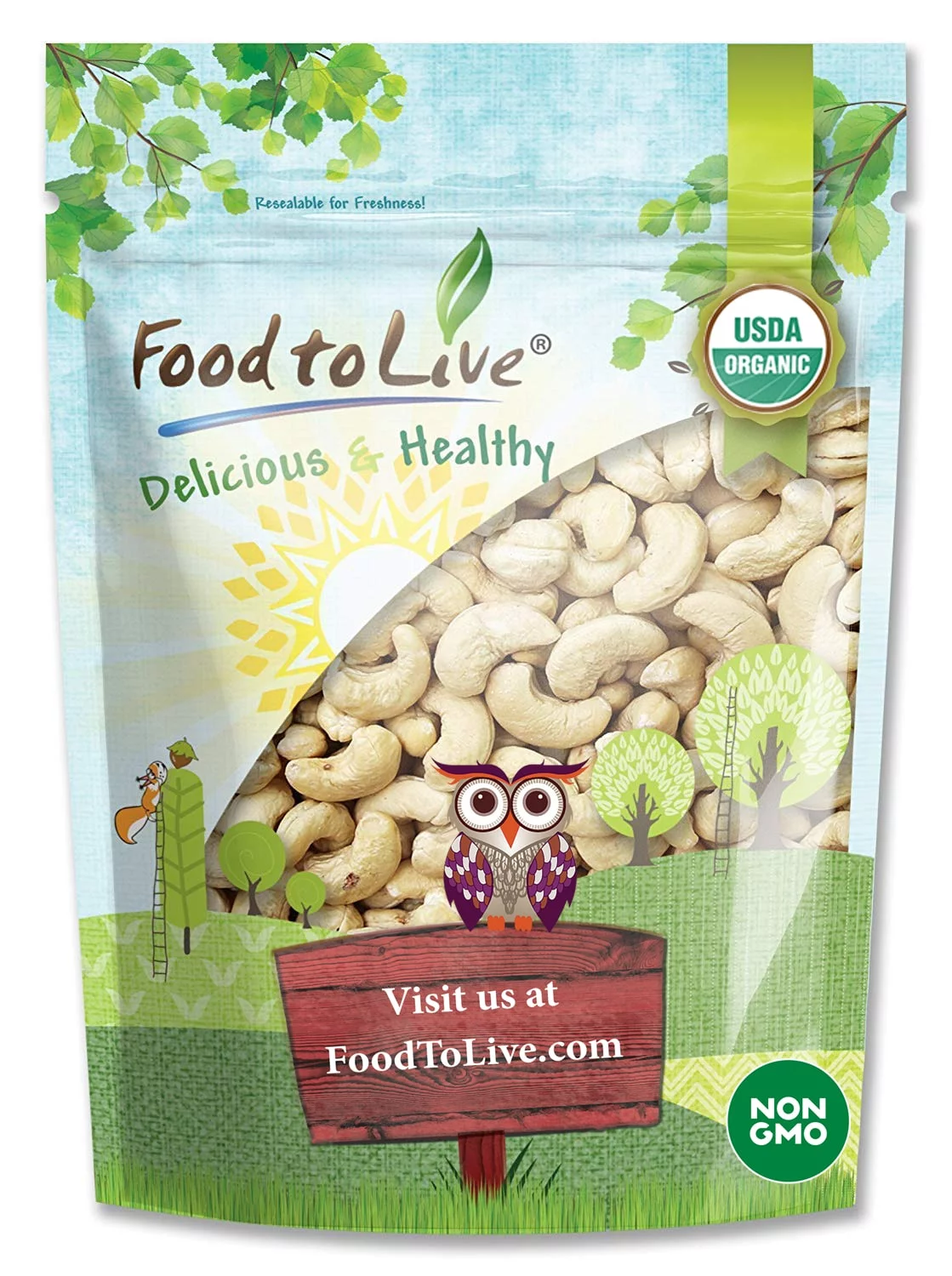 Food to Live, Organic Whole Cashews, W320, 2 Pounds, Non-GMO, Kosher