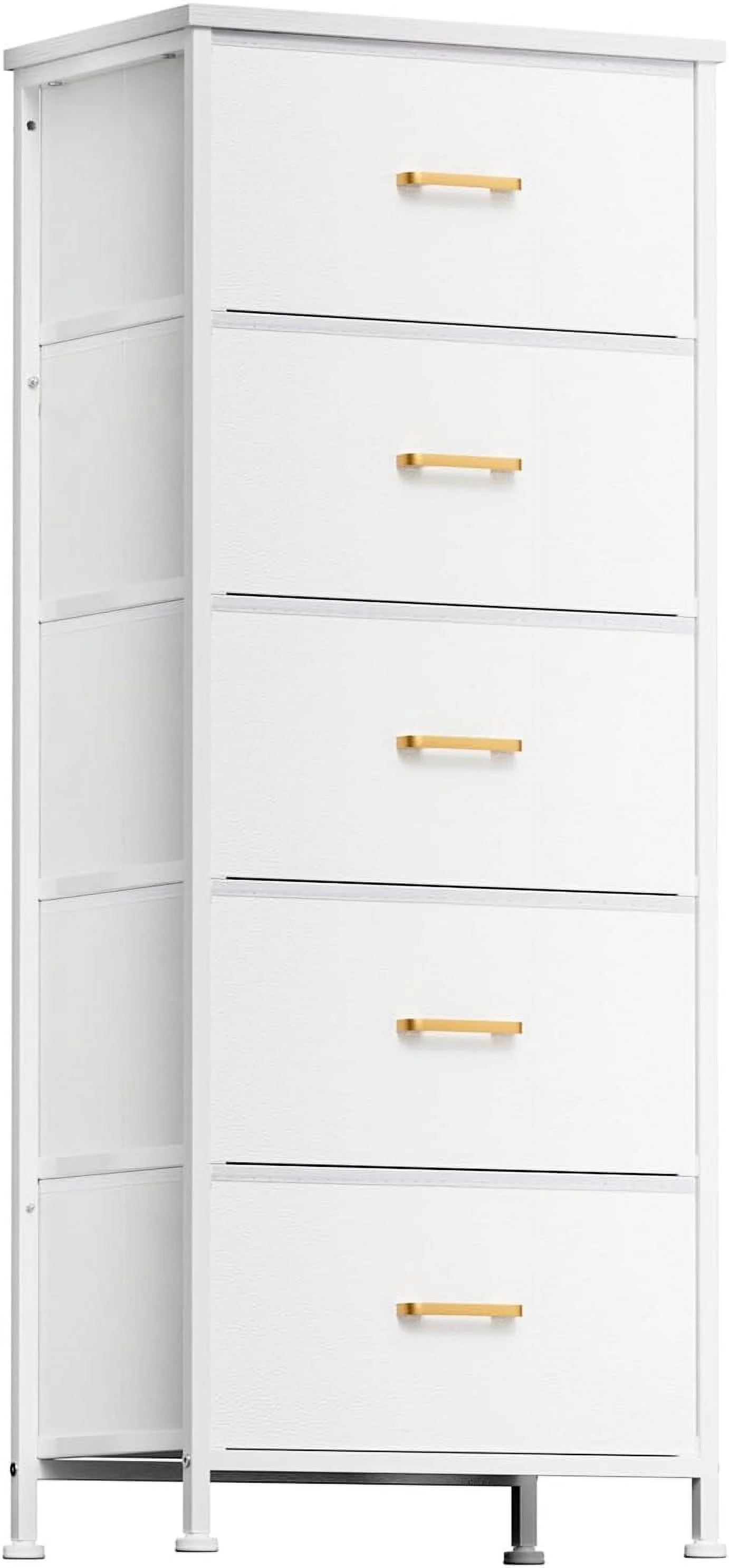 Dresser for Bedroom with 5 Drawers, Tall Storage Tower for Closet, Living Room, Nursery, White Dresser with Sturdy Steel Frame, Fabric Bins, Leather Finish, Wood Top, White