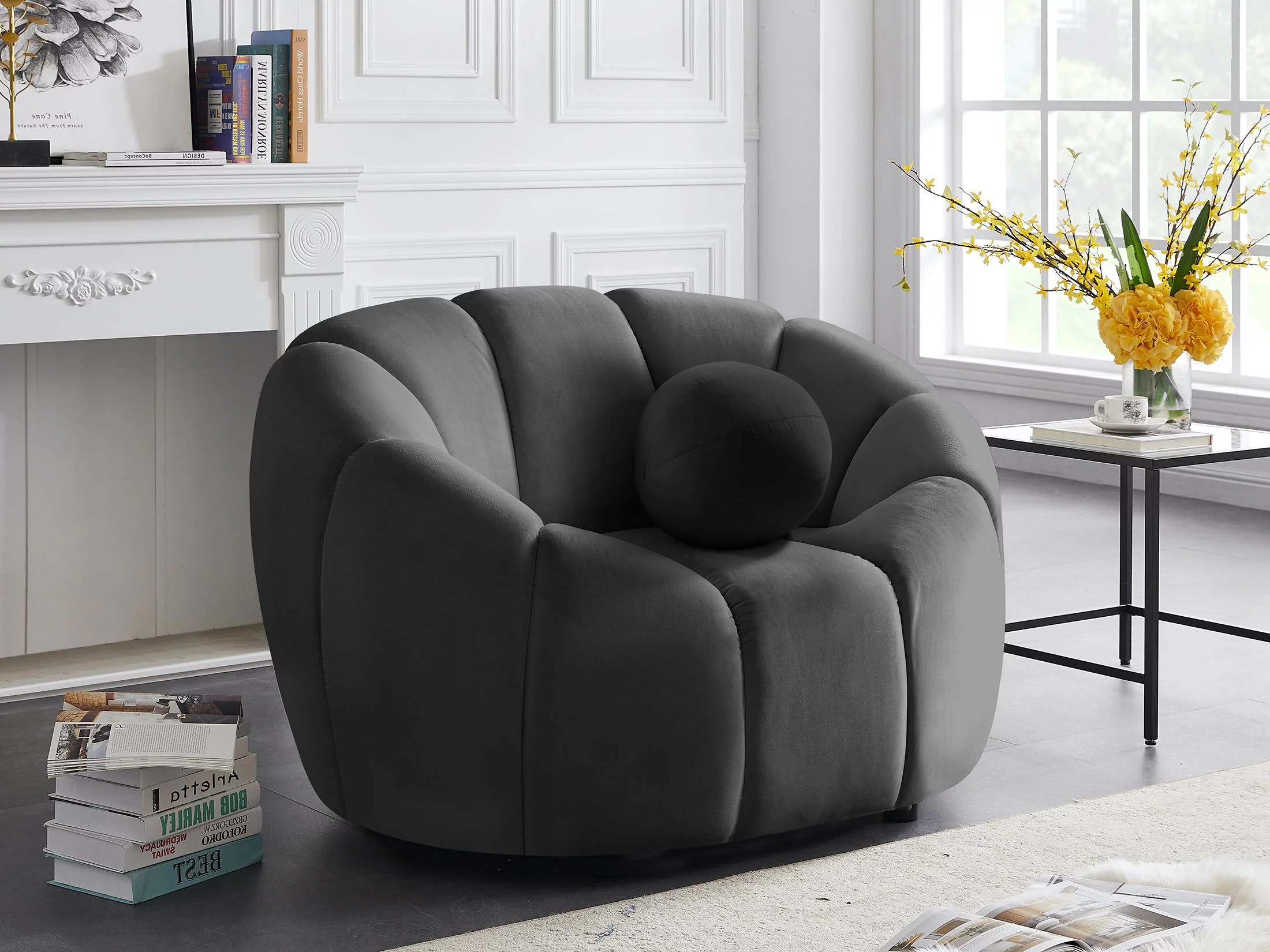 Glam GREY Velvet Channel Tufted Chair ELIJAH 613Grey-C Meridian Modern