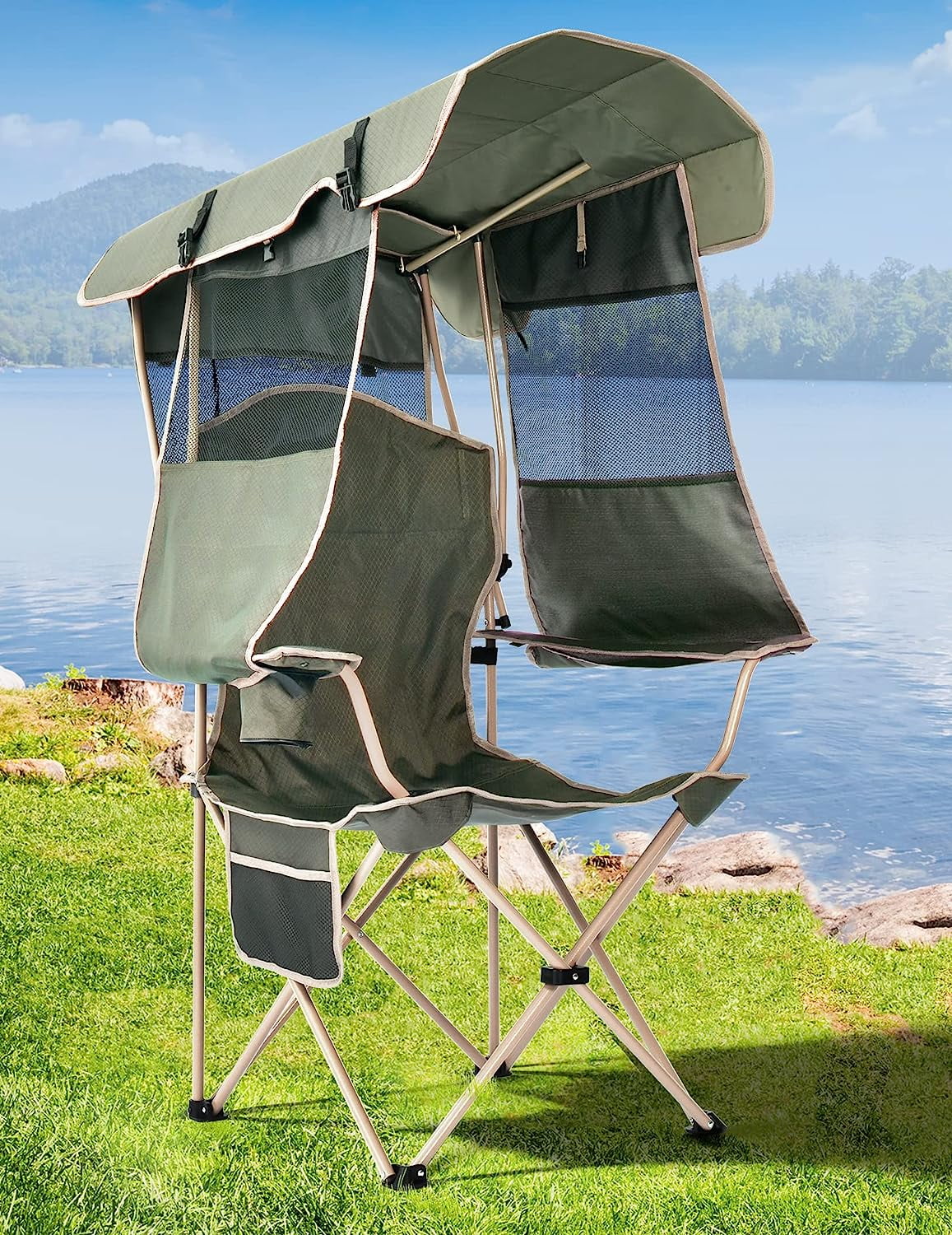 OUWI Folding Camping Chair with Shade Canopy for Adults, Canopy Chair for Outdoors Sports with Cup Holder, Side Pocket for Camp, Beach, Tailgates, Fishing - Support 330 LBS