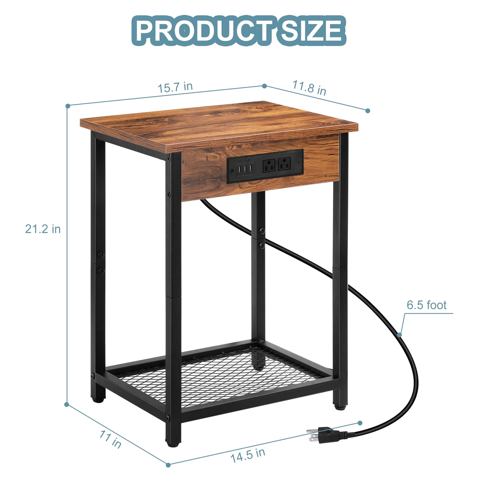 Nightstand End Table with Charging Station Brown, Set of 2