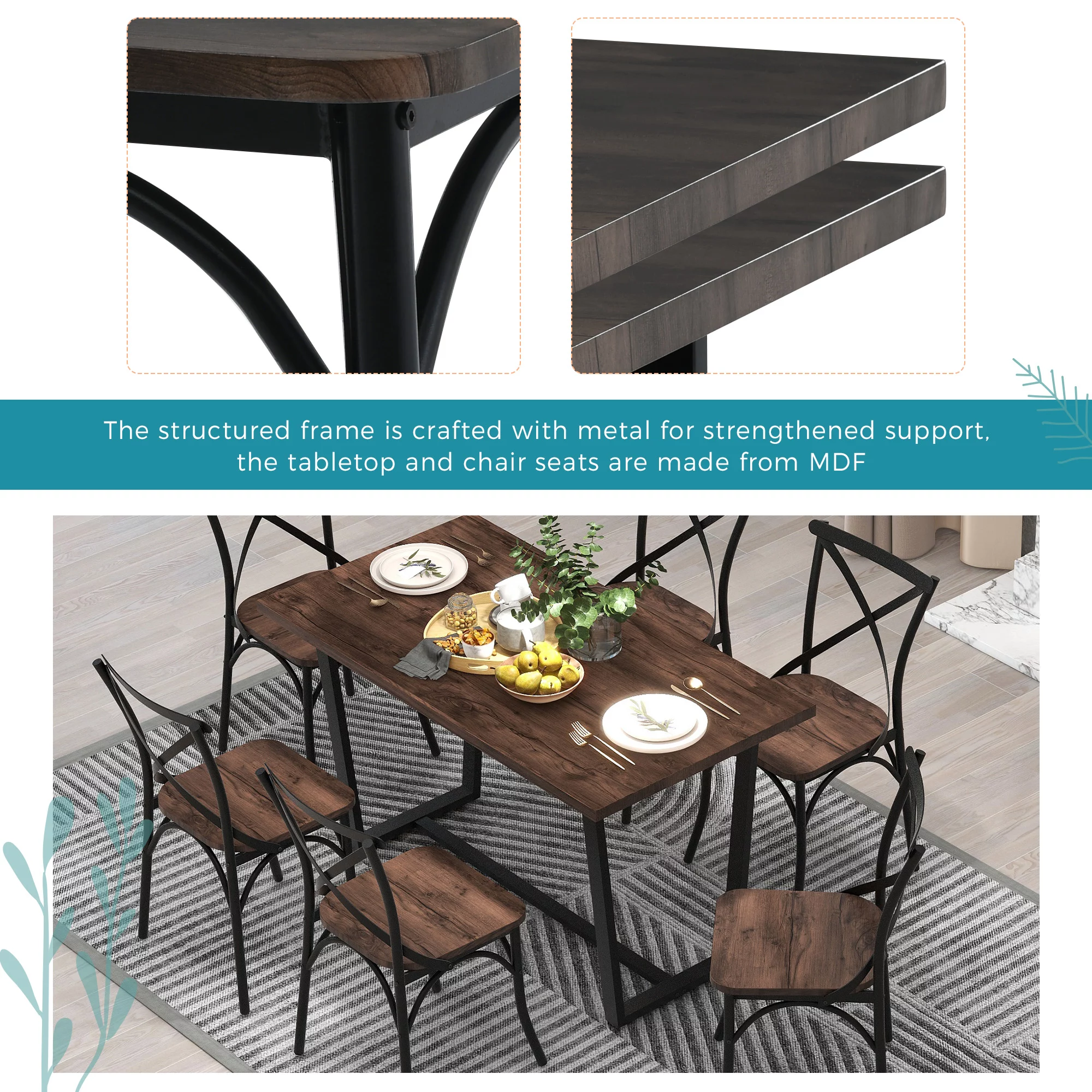 CoSoTower 7 Piece Industrial Dining Table Set Rectangular Table With 6 Dining Chairs Kitchen Table Set With Metal Frame, Rustic Brown