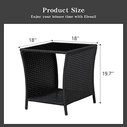 MQLIFEBOOM Wicker Rattan  with Glass Top and  Bistro Woven  Outdoor Patio Square End Tables Garden Porch Sofa Tables Black