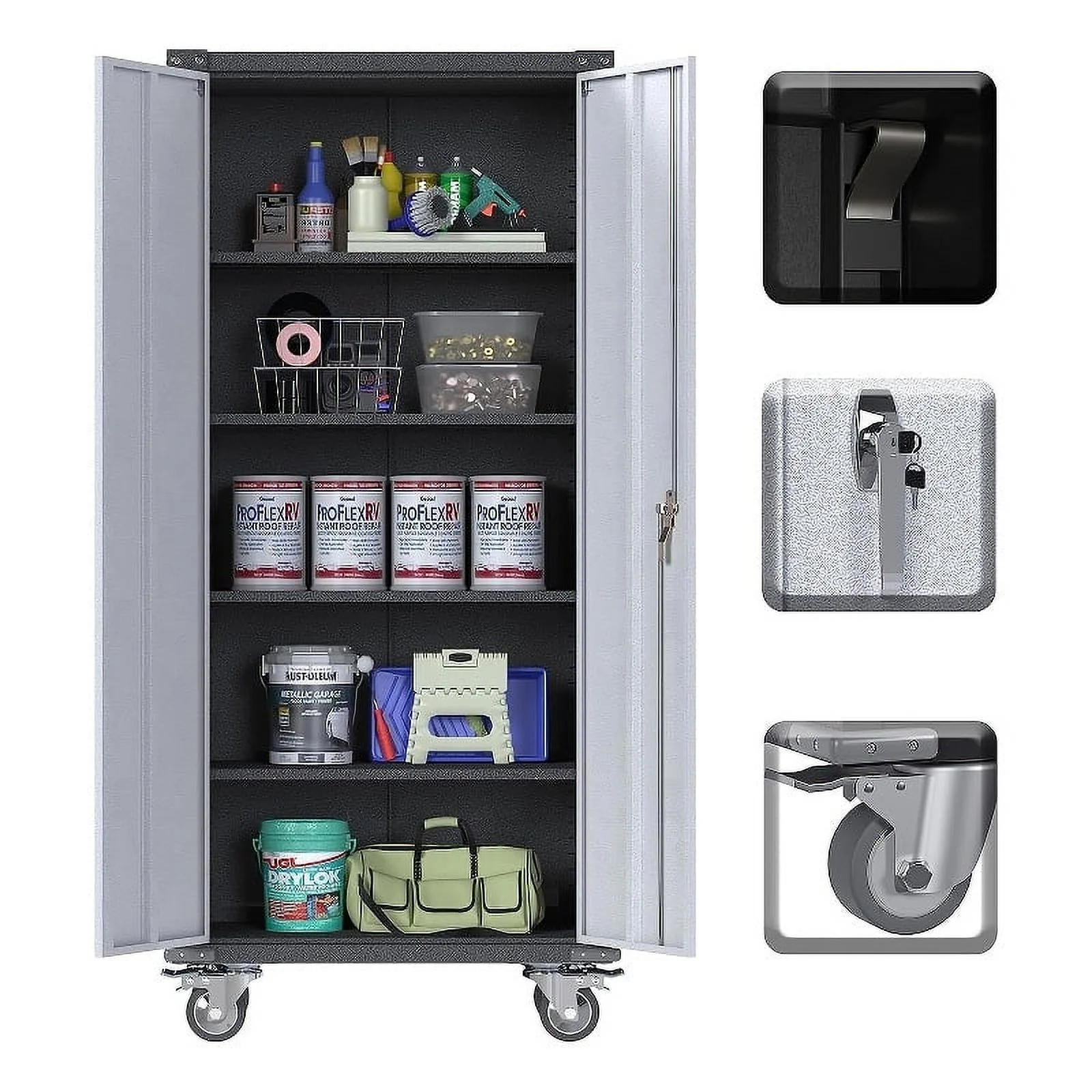 GangMei Metal Storage Cabinet on Wheels for Garage and Office