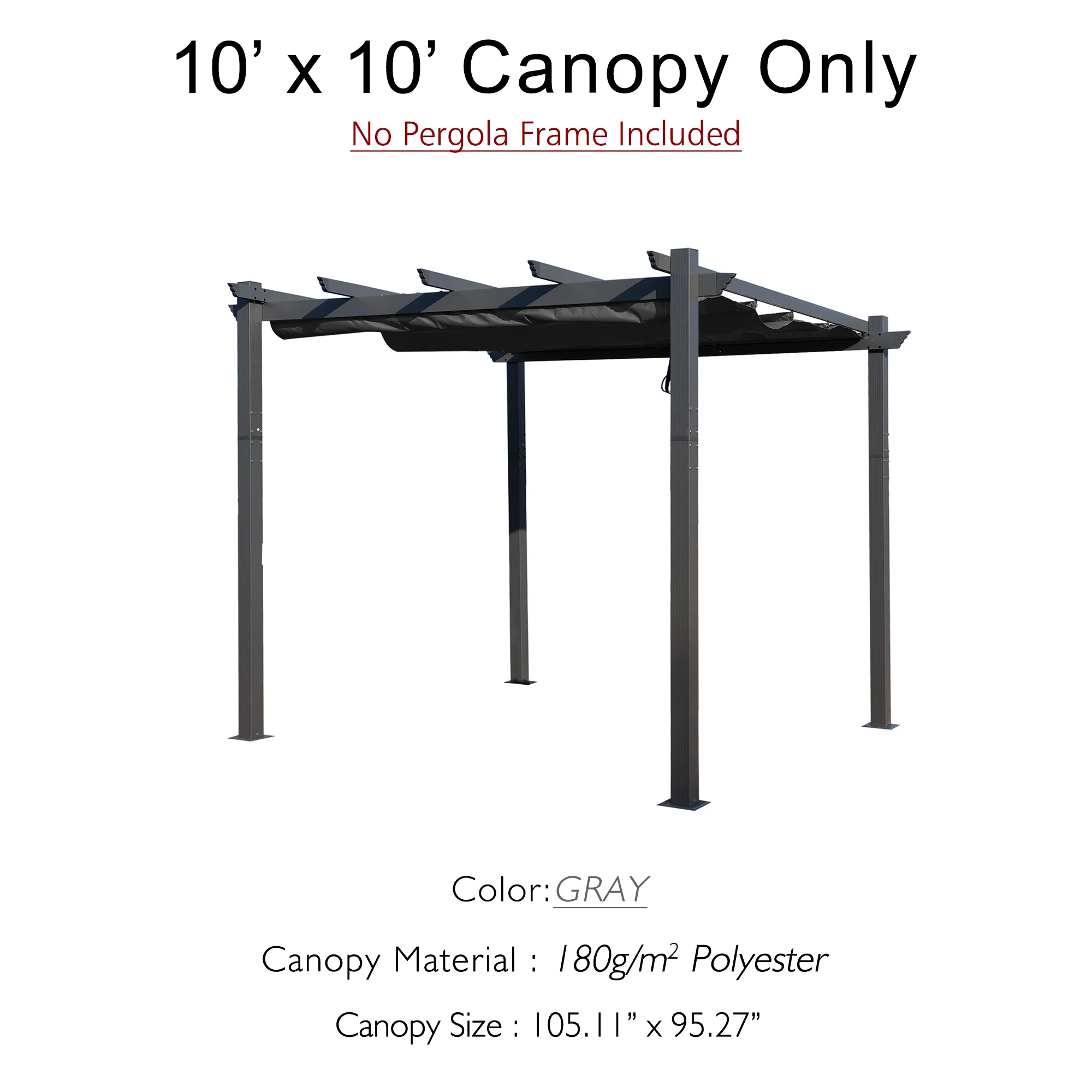 Kozyard Morgan Outdoor Extra-Large Gray Aluminum Frame Pergola with Sunshade Canopy (10ft x 10ft, Gray, Canopy Only)