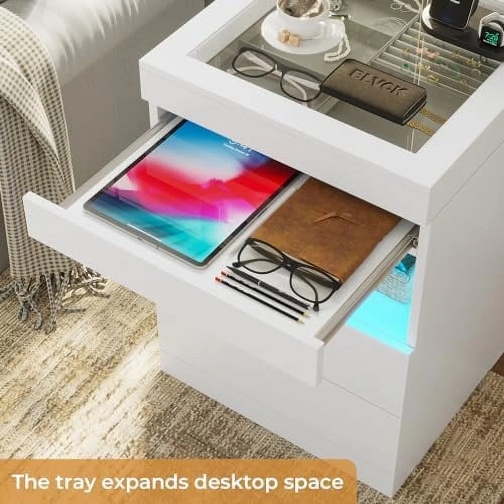JYHOME LED Nightstand with Charging Station & Sliding Top  Black Night Stand with Glass Top & Jewelry Tray  Bedside Table with Drawers & Pull-Out Tray  Modern  End Table with