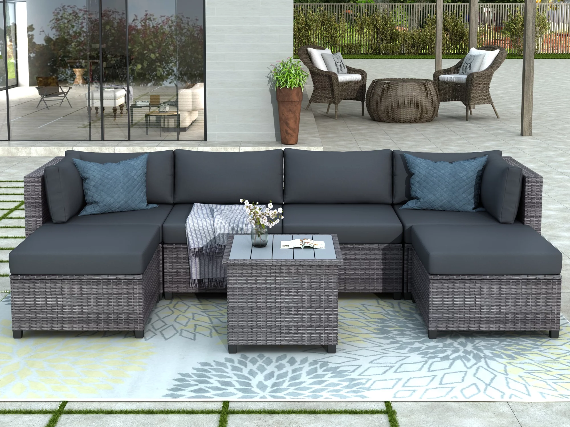 Euroco 7 Piece Rattan Sectional Seating Group with Cushions, Outdoor Ratten Sofa Set for 6 Persons, Gray