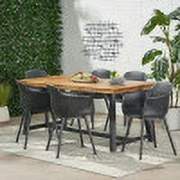 GDF Studio Trinity Outdoor Acacia Wood and Resin 7 Piece Dining Set, Black and Sandblasted Teak