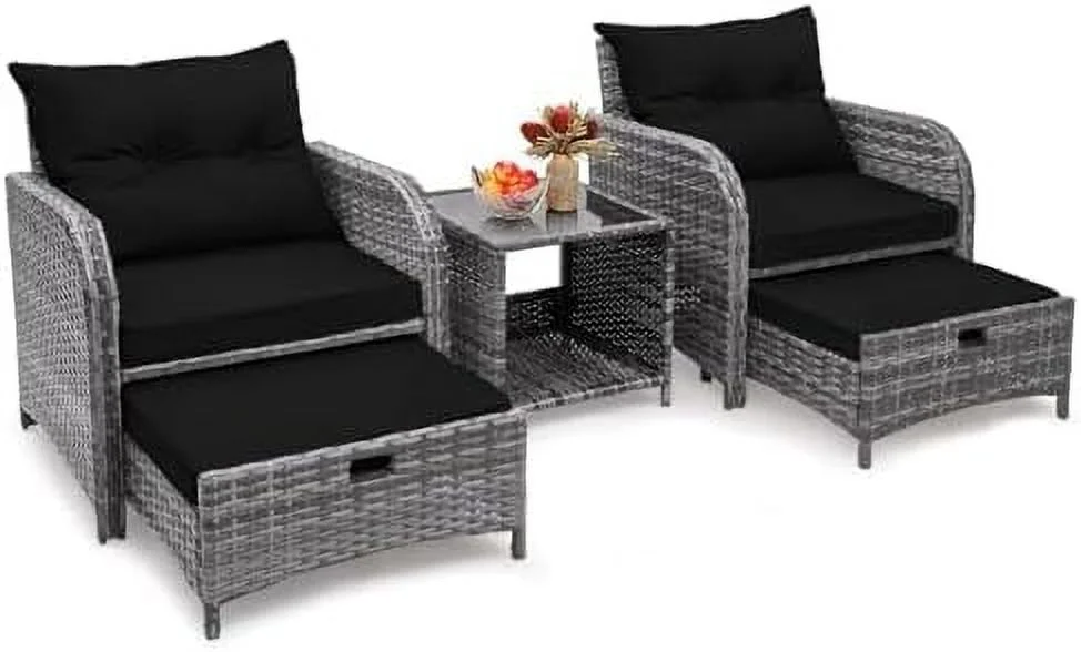 xrboomlife 5 Pieces Wicker Outdoor Patio Chairs Set with Ottoman  Patio Conversation  Set with Ottoman Underneath All Weather PE Rattan Balcony  Set & End Table  Black