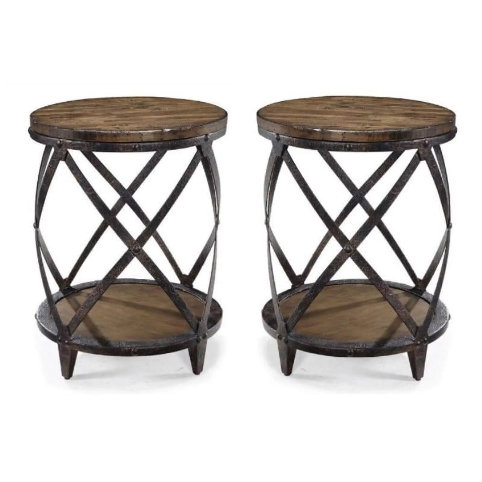 Home Square Round Accent Table in Distressed Pine - Set of 2