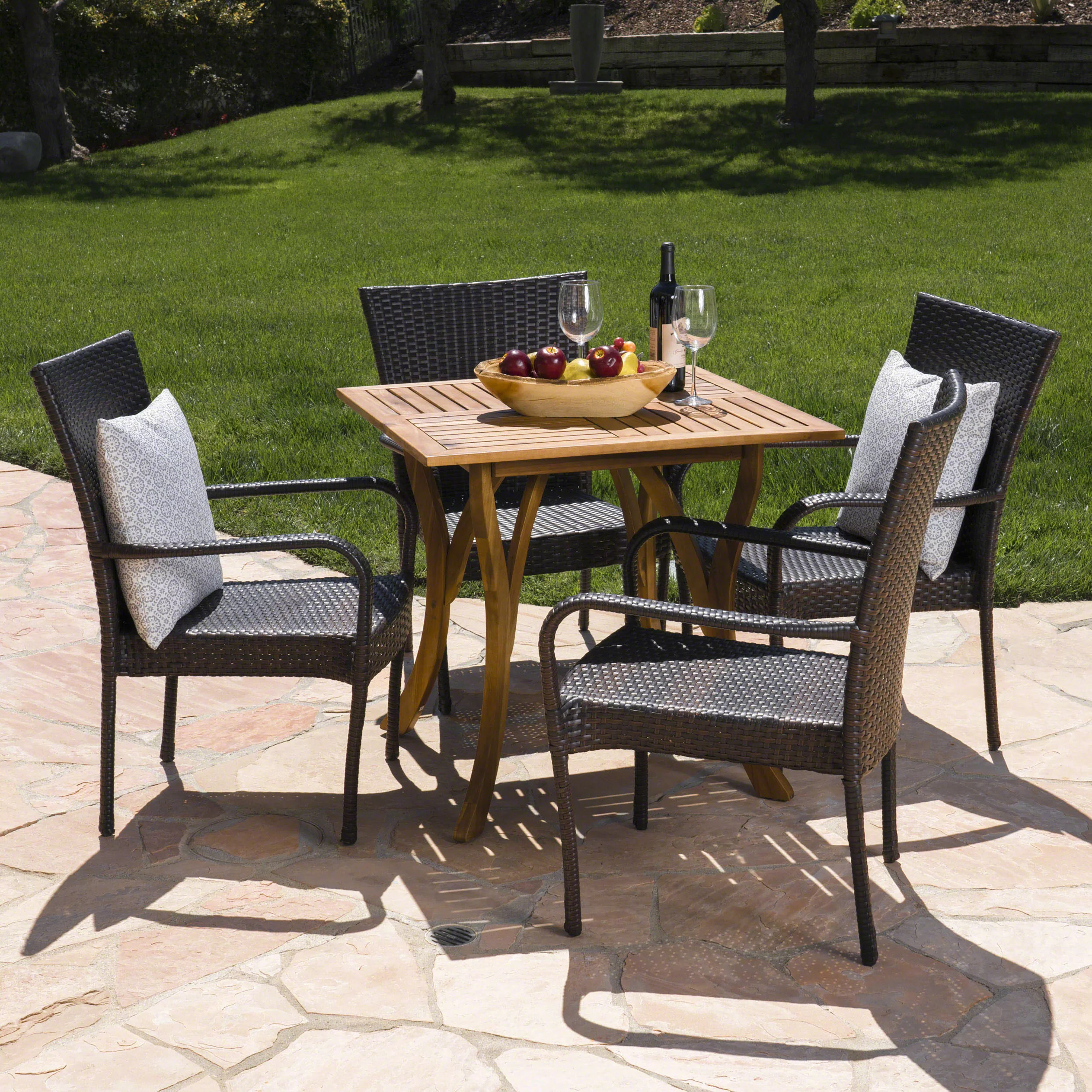GDF Studio Caren Outdoor Acacia Wood and Wicker 5 Piece Dining Set, Teak and Multibrown