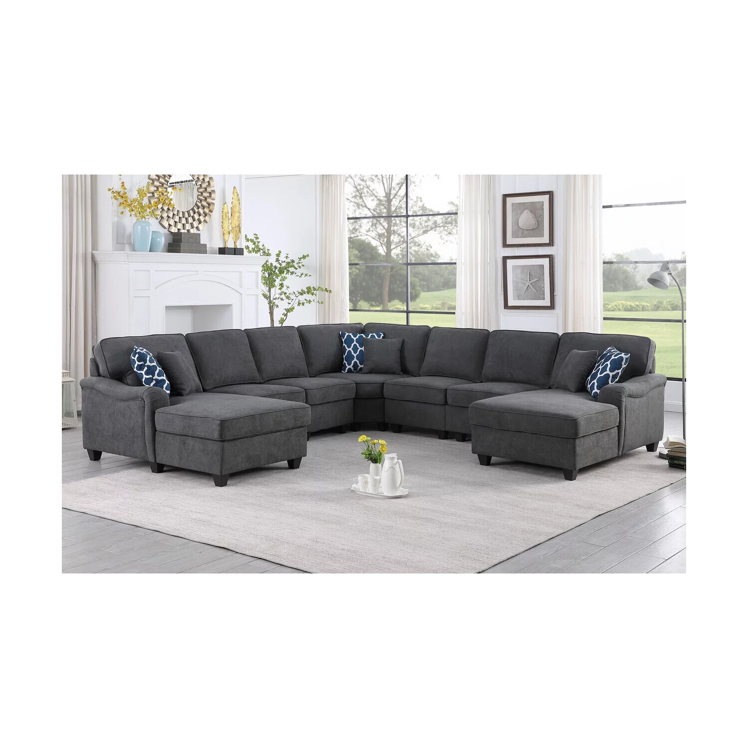 Homestock French Flair Dark Gray Woven Double Chaise 7Pc Modular Sectional Sofa
