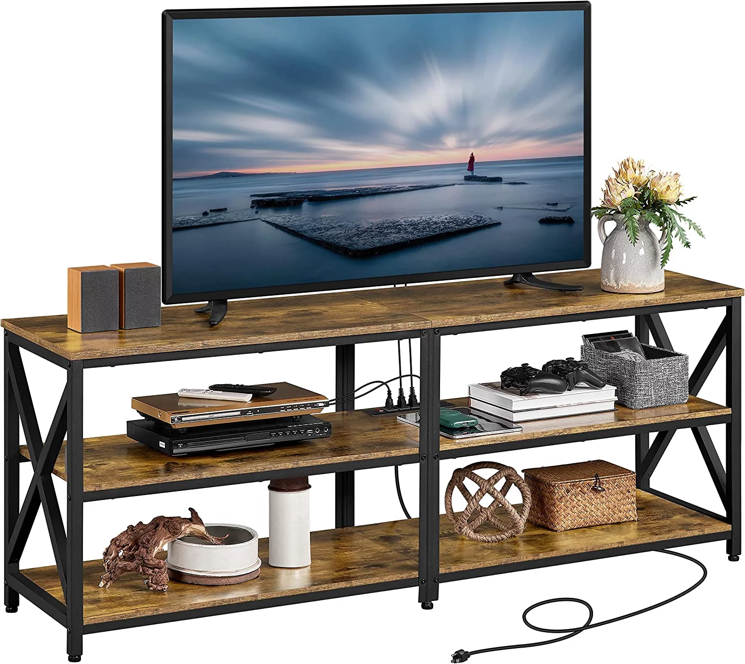 Industrial 63 Inch TV Stand with Power Outlet for up to 75 Inches TVs, Media Entertainment Center with Charging Station for Living Room, Large TV Table with 3-Tier Open Shelves, Rustic Brown