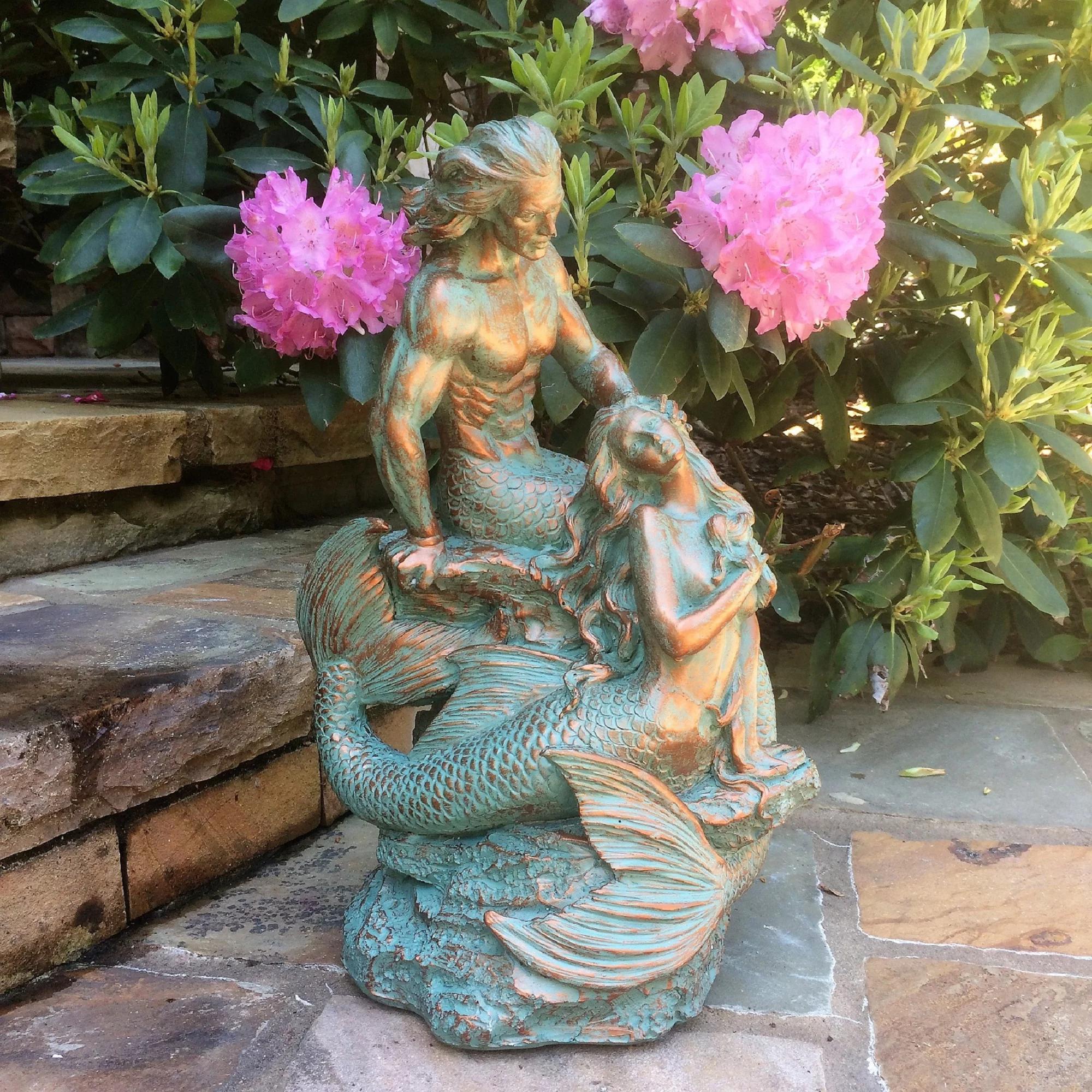 Homestyles 18 in. Sexy Merman & Mermaid on the Oceans Rock in Bronze Patina Finish Nautical Garden Beach Statue