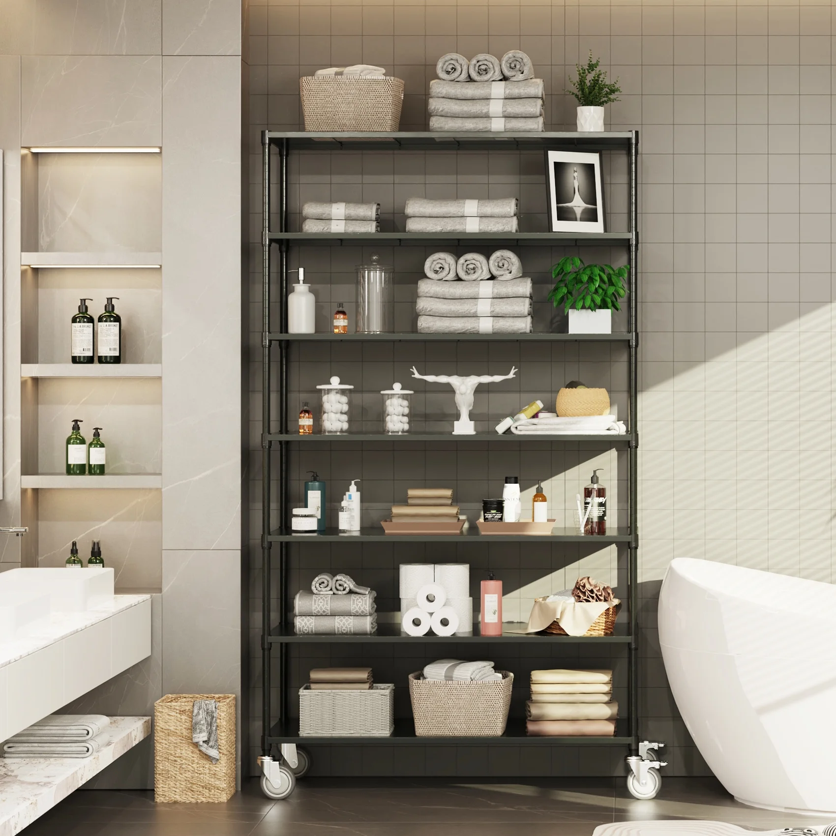 Ufurpie 7 Tier Standing Shelf Units,2800 LBS NSF Height Adjustable,Metal Garage Storage Shelves with Wheels,Heavy Duty Storage Rack Metal Shelves,Black