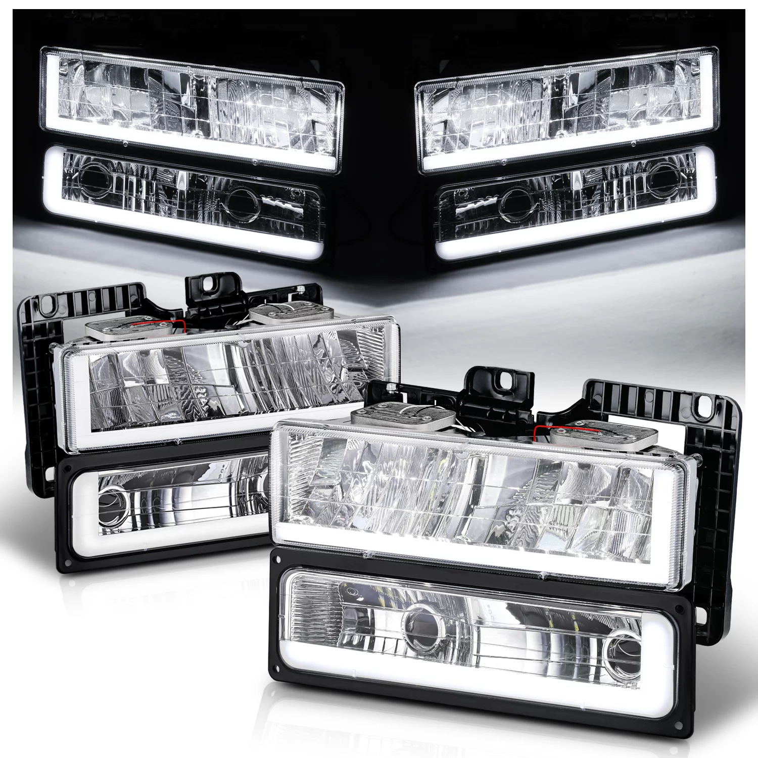 M-AUTO Switchback LED Tube DRL Headlights Assembly for 1988-1999 Chevrolet C1500/K1500, 1988-2000 Chevrolet C2500/C3500/K2500/K3500, 1992-1999 Chevrolet C1500/C2500/K1500/K2500 Suburban