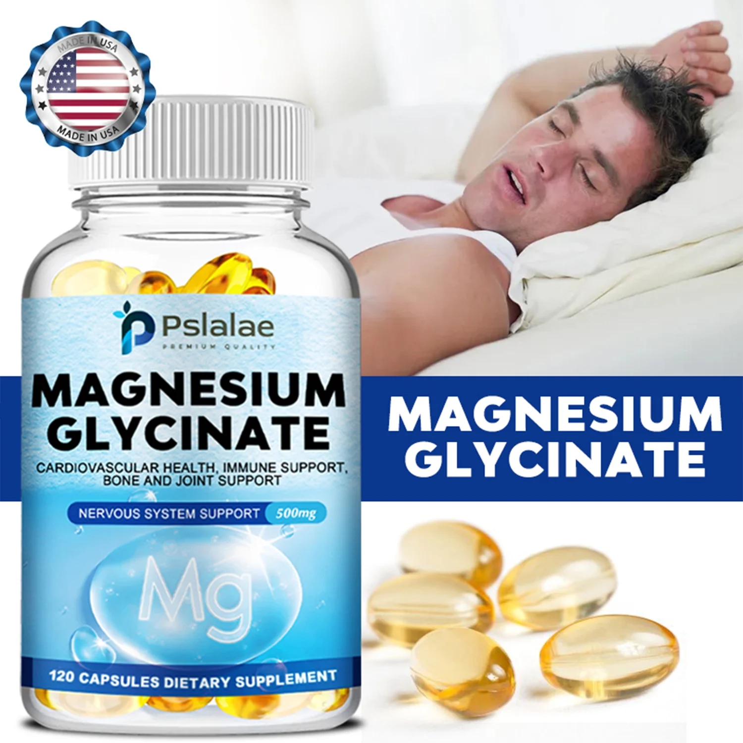 Pslalae Magnesium Glycinate 500mg - Sleep Support, Muscle Relaxation, Leg Cramp Relief(30/60/120pcs)