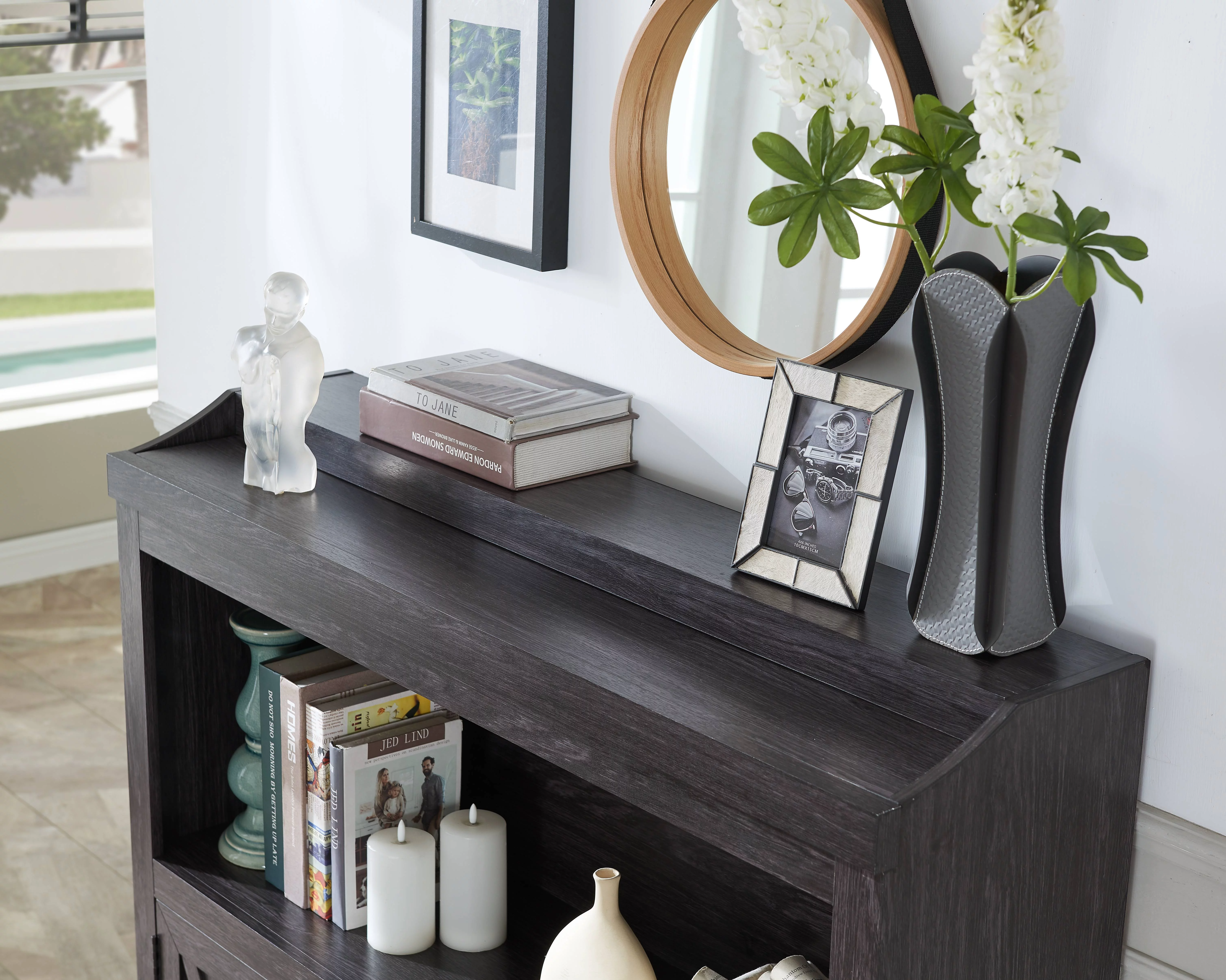 Gramercy Bar Cabinet with Stem Glass Placement and Wooden Doors in Charcoal Finish