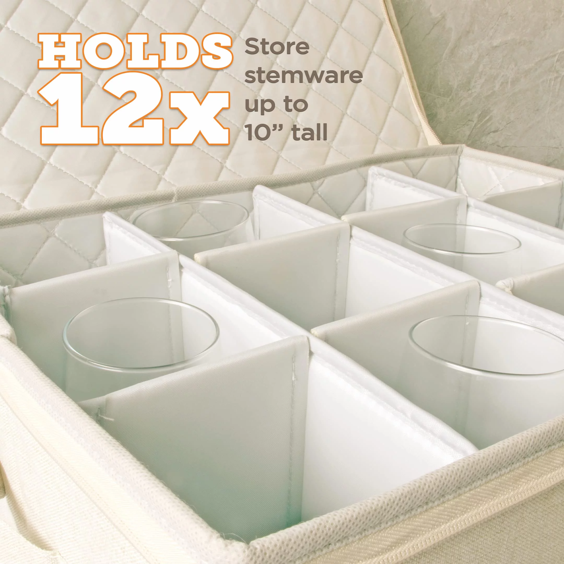 storageLAB Kitchen Organization Wine Glass Storage Box - Quilted, Hard Case Stackable Stemware Storage Cases with Dividers, Double Zippers and Label Holder Windows- Holds 12 Wine Glasses - Cream