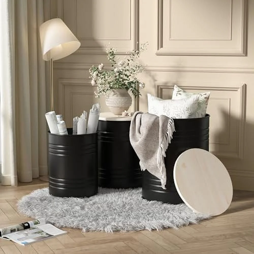 YPDCHB Farmhouse Accent  Set of 3 Galvanized Rustic Coffee Table  Metal  Ottoman with Wood Lid  Farmhouse End Table Nesting Table for Living Room