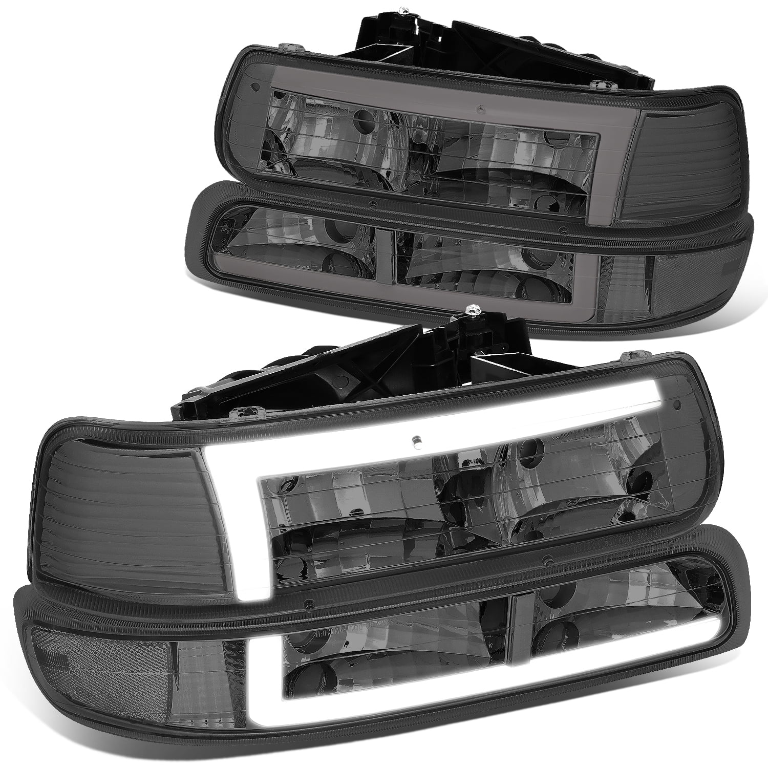 DNA Motoring 3D LED DRL Headlight Bumper Signal Lamp for 1999-2006 Silverado Suburban Tahoe Chrome/Smoked 00 01 02 03 04 05