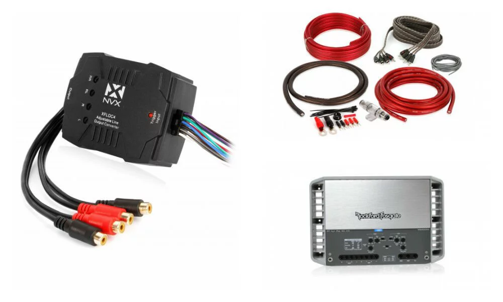 Rockford Fosgate PM400X4 + NVX XFLOC4 Line-Output-Converter + Amp Kit 400W 4-Channel Marine Amplifier + NVX 4-Channel L.O.C + Amp Kit