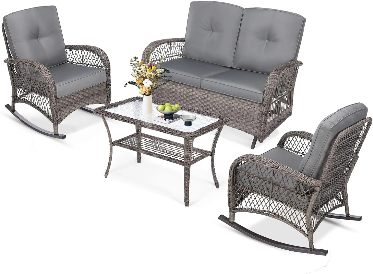 MEETWARM 4 Pieces Outdoor Wicker Patio Conversation Sets with Glider Loveseat, 2 Chairs with Glass-Top Coffee Table Wicker Rocking Chair Set, Wicker Conversation Set w/Thickened Cushions, Gray