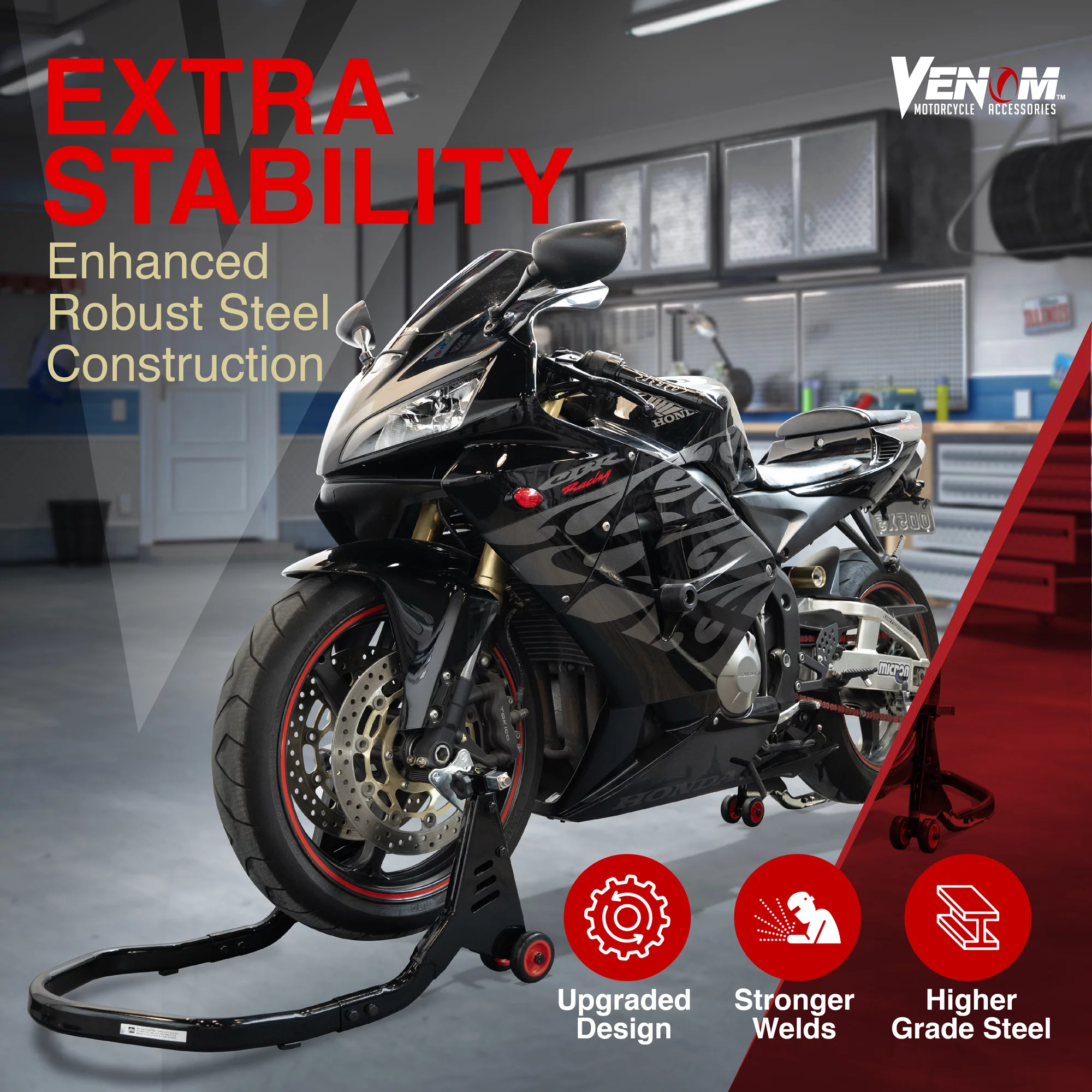 Venom Motorcycle Stand Front and Rear Lift Stand Combo, Universal Swingarm Spool Lift Sport Bike Stand Fork Paddock Stand Lift, Motorcycle Jack Stands, Compatible with Yamaha Honda Suzuki BMW Ducati